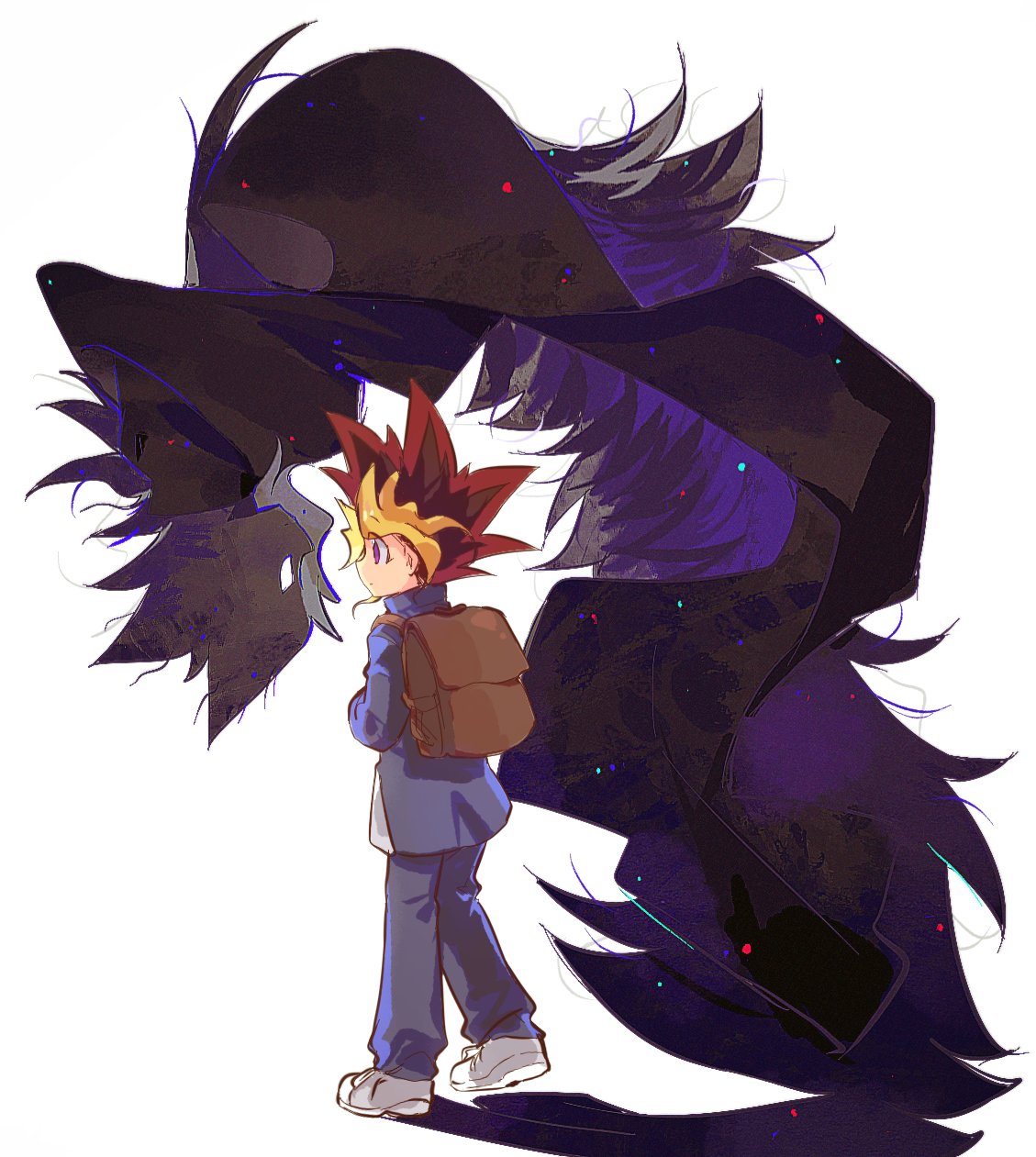 muto yugi, yami yugi, yu-gi-oh!, yu-gi-oh! duel monsters, highres, 2boys, bag, black hair, blonde hair, gogokosan, multicolored hair, multiple boys, red hair, school bag, school uniform, shadow, white background