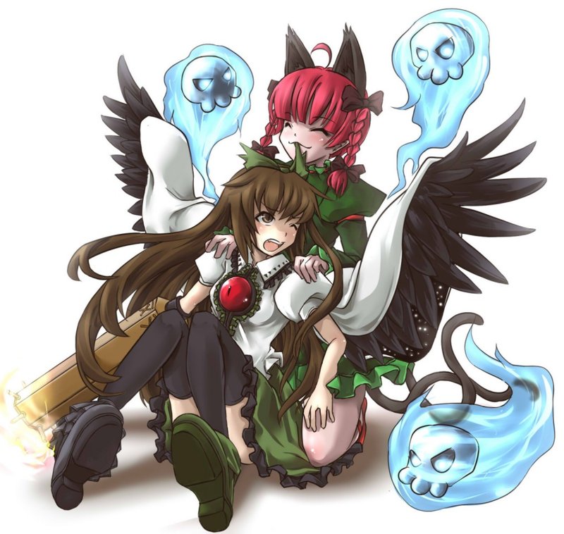 sw (stevew), kaenbyou rin, reiuji utsuho, touhou, md5 mismatch, resolution mismatch, source larger, 2girls, animal ears, bow, braid, brown eyes, brown hair, cat ears, cat girl, fang, female focus, full body, grin, multiple girls, one eye closed, red hair, skirt, smile, thighhighs, twin braids, white background, wings, wink, zettai ryouiki