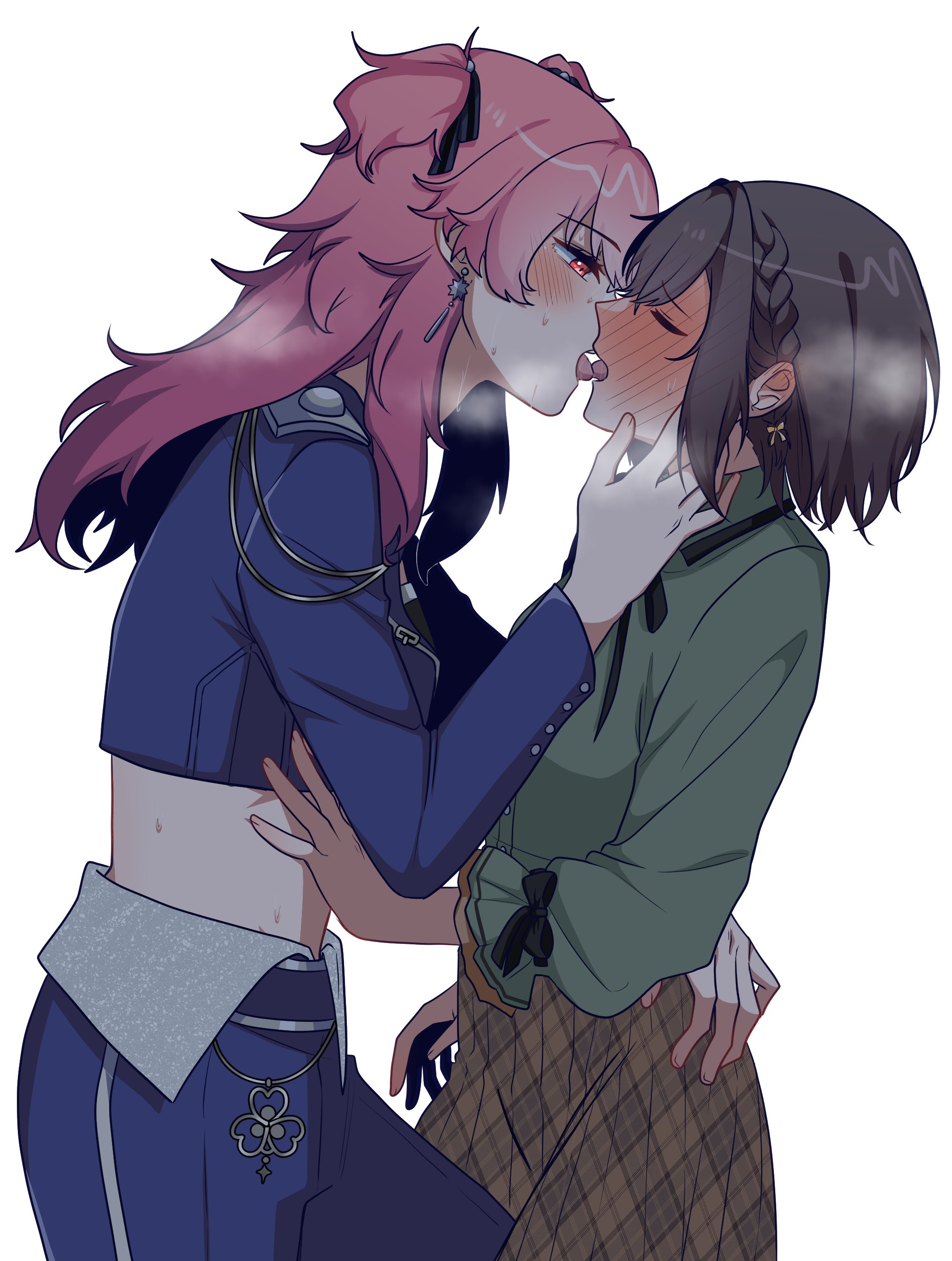 akasukiane04, momoi airi, shinonome ena, project sekai, absurdres, commentary, commission, english commentary, highres, second-party source, 2girls, arm at side, black bow, black ribbon, blue jacket, blue pants, blush, bow, braid, brown hair, brown skirt, closed eyes, clover ornament, cowboy shot, cropped jacket, earrings, face-to-face, french kiss, from side, full-face blush, green shirt, hair ribbon, half-closed eyes, hand on another's back, hand on another's cheek, hand on another's face, hand on another's stomach, hand up, jacket, jewelry, kiss, lead to shine more (project sekai), long hair, long sleeves, looking at another, midriff, multiple girls, official alternate costume, open mouth, pants, pink eyes, pink hair, plaid clothes, plaid skirt, profile, ribbon, shirt, short hair, side braid, sidelocks, silver trim, simple background, skirt, sleeve bow, sweat, two side up, white background, yuri