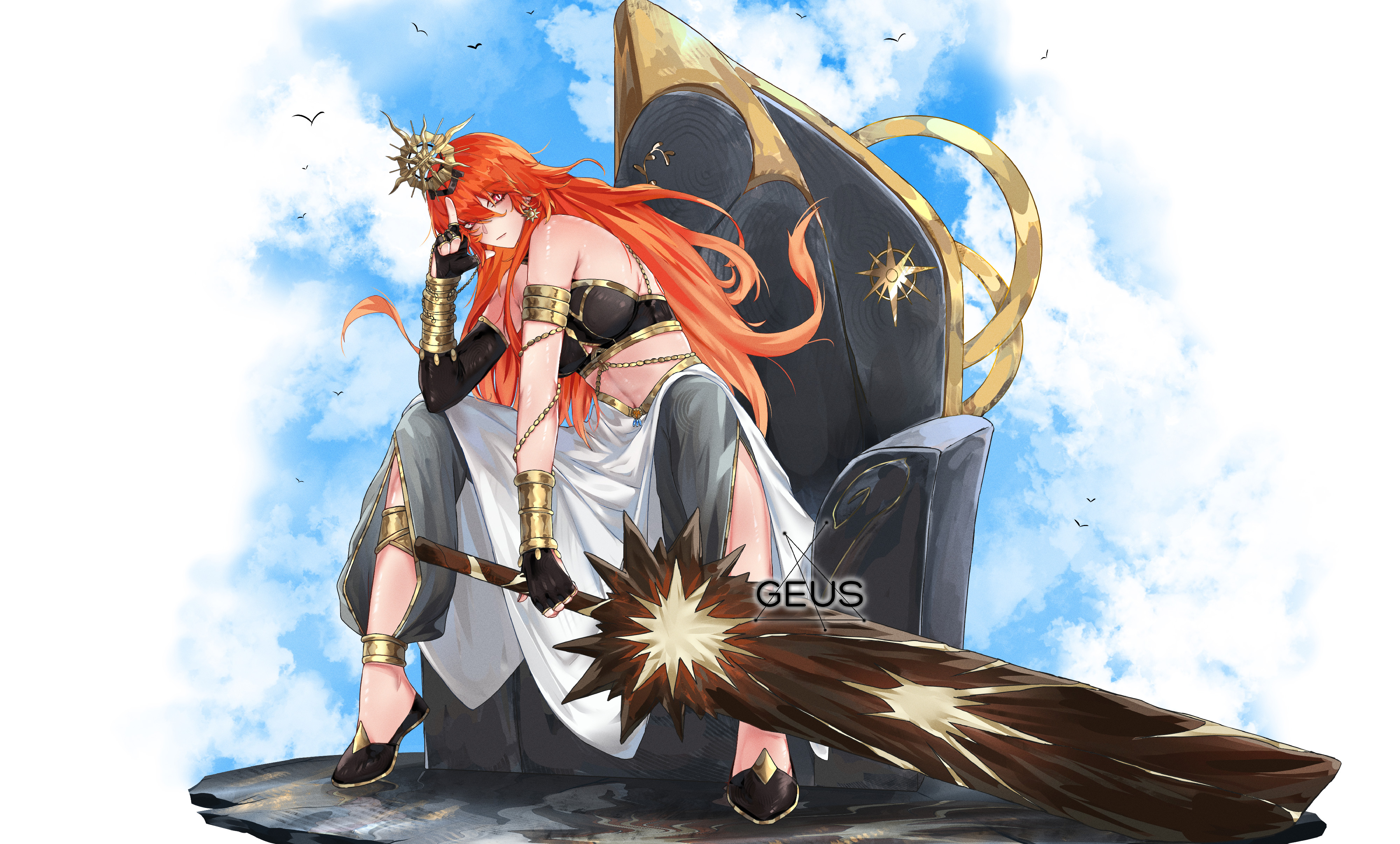 geus (just geus), augusta (wuthering waves), wuthering waves, highres, anklet, armlet, armor, bikini armor, broadsword, claymore (sword), earrings, gloves, headgear, jewelry, long hair, looking at viewer, orange hair, red eyes, robe, sitting, throne