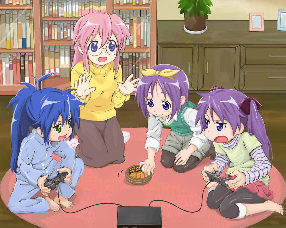 banzai nekomimi, hiiragi kagami, hiiragi tsukasa, izumi konata, takara miyuki, lucky star, bad id, bad pixiv id, 00s, 4girls, ahoge, barefoot, blue eyes, blue hair, bookshelf, controller, cookie, feet, food, game console, glasses, green eyes, joystick, kneeling, long hair, multiple girls, pantyhose, pink hair, playing games, playstation 2, playstation 3, purple eyes, purple hair, short hair, siblings, sisters, sitting, track suit, twins, twintails