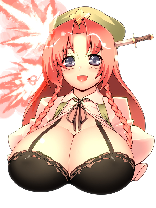 tro (trombe), hong meiling, embodiment of scarlet devil, touhou, bad id, bad pixiv id, 1girl, blue eyes, blush, bra, braid, breasts, cleavage, cropped torso, female focus, hat, huge breasts, knife, lingerie, long hair, major injury underreaction, nra, red hair, solo, throwing knife, twin braids, underwear, upper body, weapon, white background
