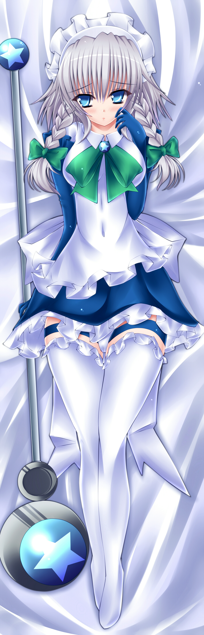 mikan (5555), izayoi sakuya, touhou, silver hair, bad id, bad pixiv id, highres, long image, tall image, 1girl, bed, blue eyes, blush, braid, cameltoe, dakimakura (medium), female focus, full body, gloves, hairband, long hair, magical girl, maid, panties, short hair, solo, staff, star (symbol), thigh strap, thighhighs, twin braids, underwear, white thighhighs