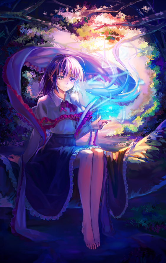 kishiyo, nagae iku, touhou, 1girl, barefoot, capelet, feet, female focus, forest, full body, legs, magic, nature, no headwear, shawl, sitting, solo