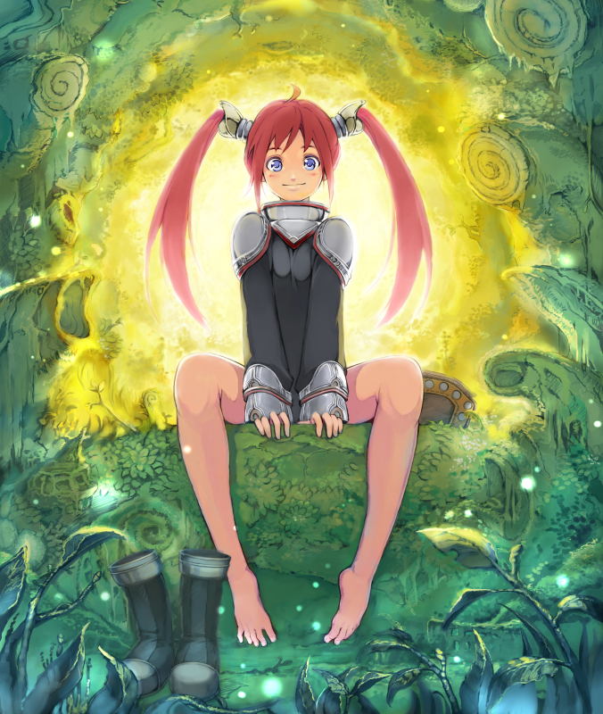 kurokurokuro, original, 1girl, armor, barefoot, blue eyes, blush, boots, fantasy, feet, female focus, full body, long hair, nature, plantar flexion, red hair, sitting, smile, solo, spread toes, toes, twintails