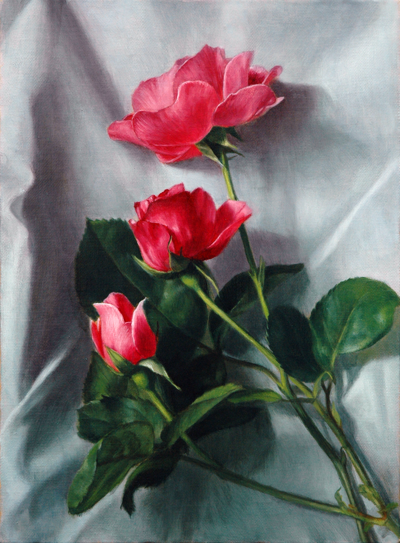 original, commentary, commentary request, english commentary, highres, mixed-language commentary, oil painting (medium), painting (medium), traditional media, flower, flower focus, kaworu (pixiv2055), leaf, no humans, plant, red flower, red rose, rose, still life
