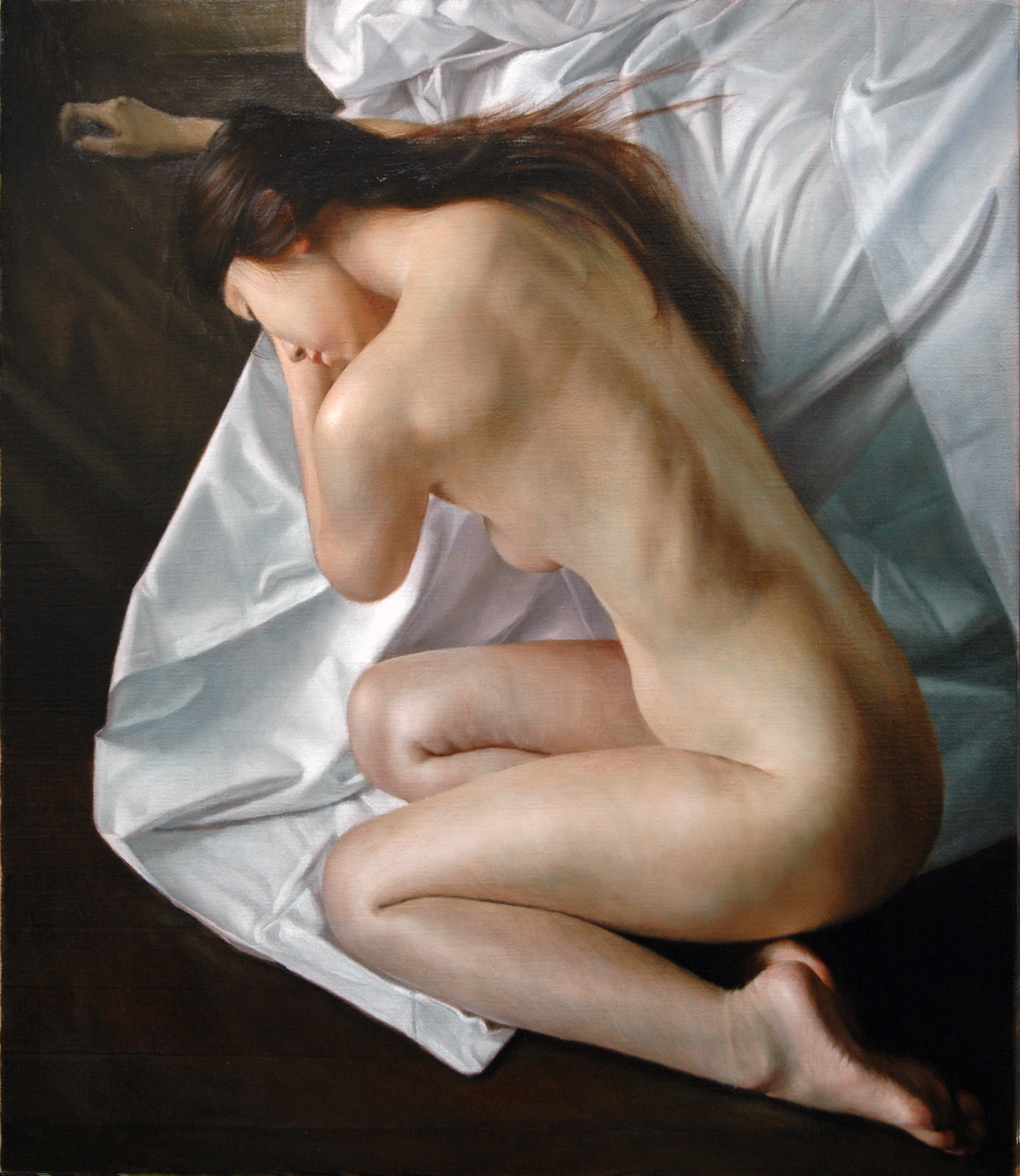 original, commentary request, highres, oil painting (medium), painting (medium), traditional media, 1girl, barefoot, bed sheet, black hair, breasts, completely nude, feet, fetal position, from side, kaworu (pixiv2055), long hair, lying, nude, on side, photorealistic, realistic, sleeping, small breasts, solo, straight hair