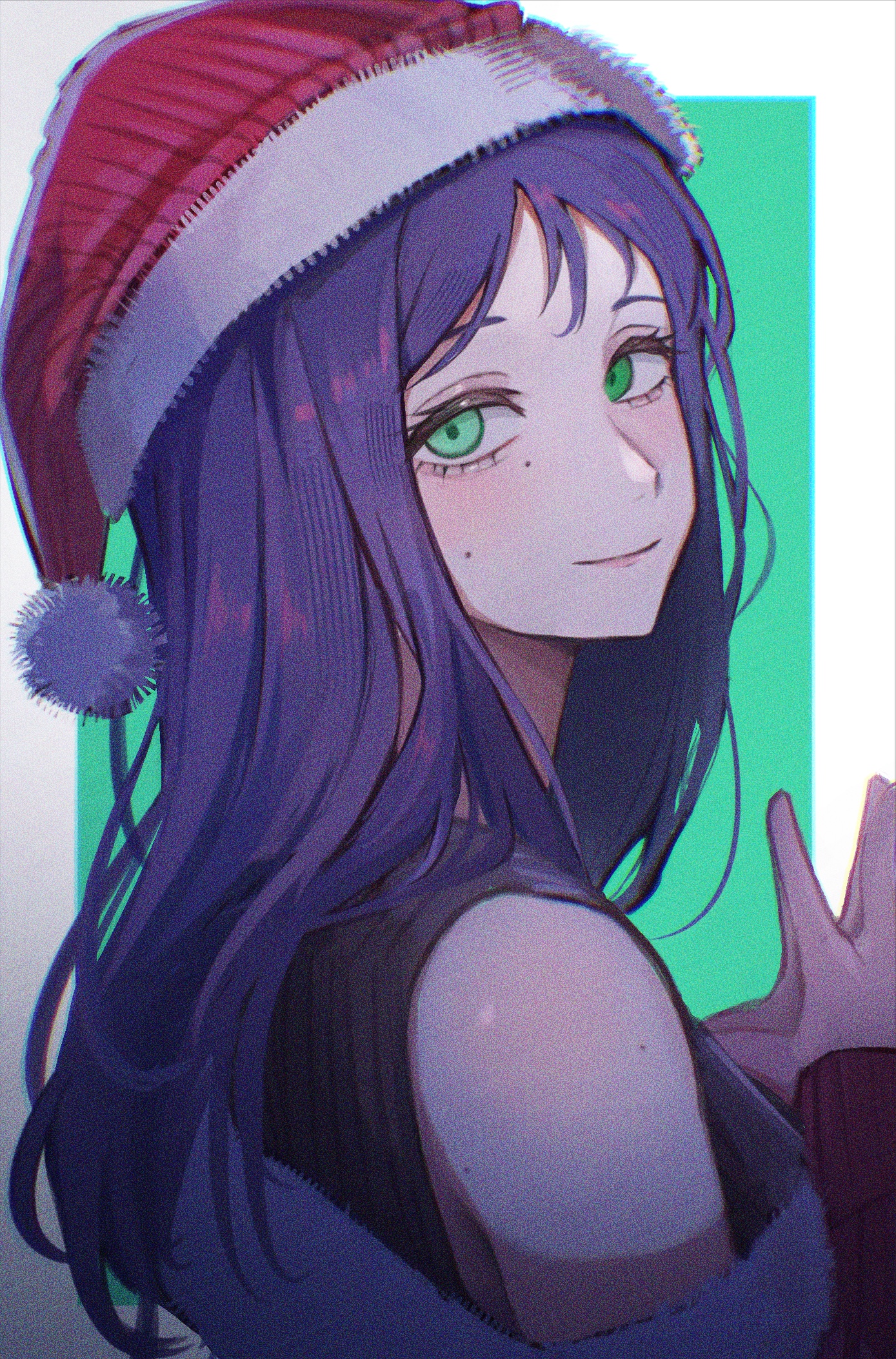 sakuranuts00, santa claus (chainsaw man), chainsaw man, commentary, highres, 1girl, aegyo sal, blush, border, fur-trimmed headwear, fur trim, green background, green eyes, hat, long hair, looking at viewer, looking to the side, mole, mole on cheek, mole under eye, outside border, own hands together, purple hair, red hat, santa hat, simple background, smile, solo, steepled fingers, upper body, white border
