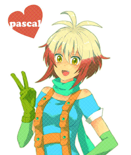 meronco, pascal (tales), tales of (series), tales of graces, 1girl, blue shirt, character name, fang, female focus, gloves, multicolored hair, off shoulder, overalls, red hair, shirt, short hair, smile, solo, two-tone hair, v, white hair, yellow eyes