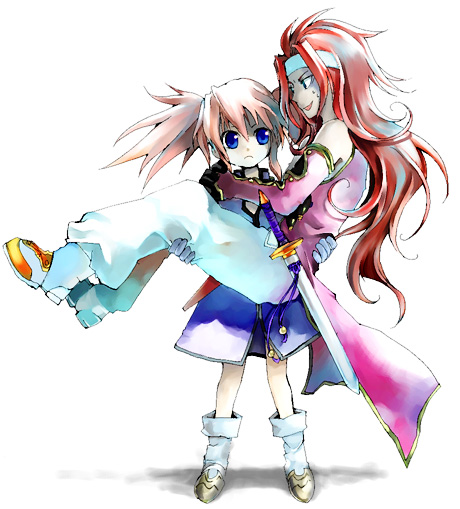 presea combatir, zelos wilder, tales of (series), tales of symphonia, 00s, 1boy, 1girl, blue eyes, boots, carrying, elbow gloves, gloves, headband, knee boots, long hair, pink hair, princess carry, red hair, reverse princess carry, sword, twintails, weapon