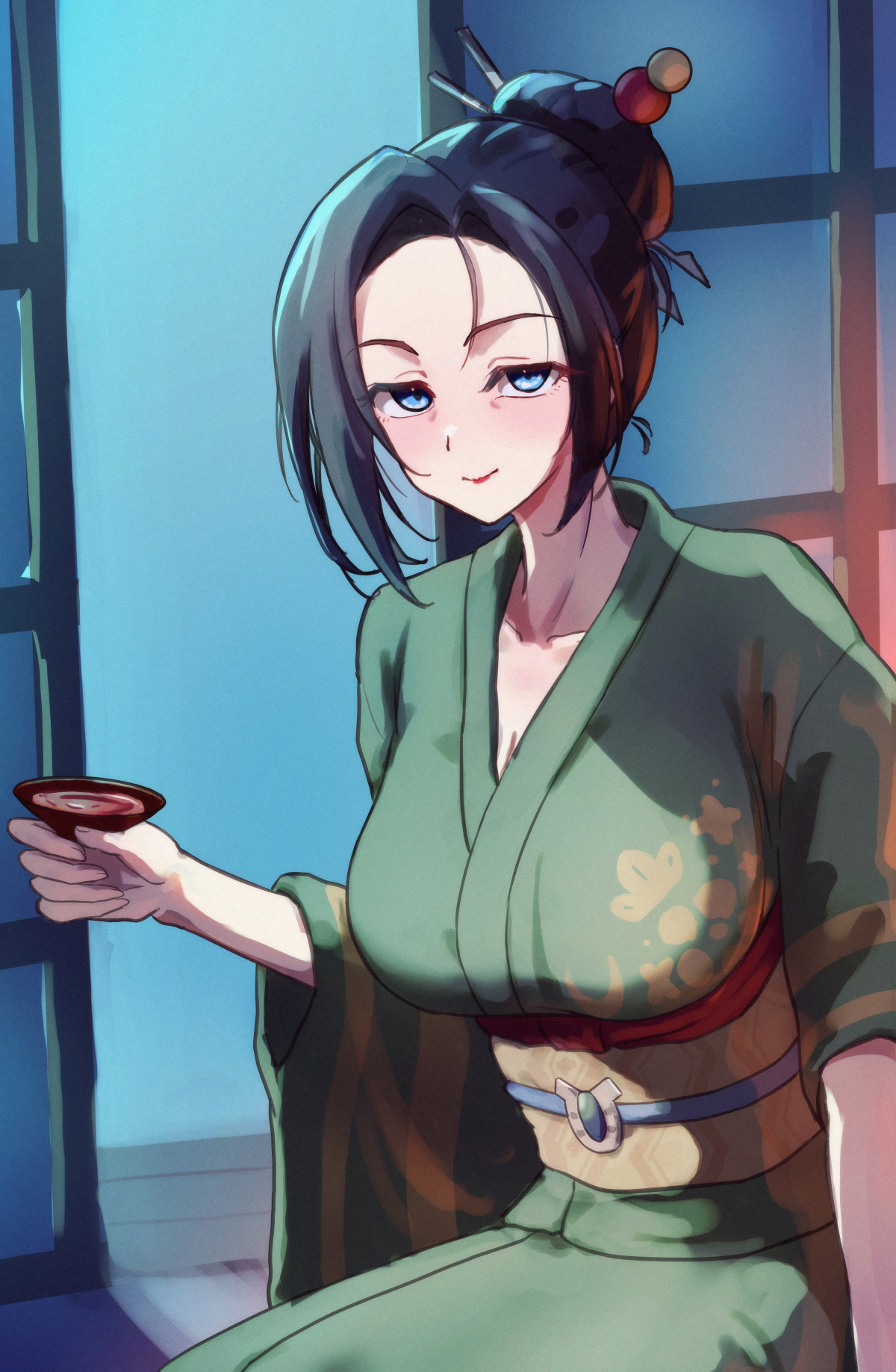 harakomeshi, umamusume, commentary request, highres, 1girl, alcohol, black hair, blue eyes, breasts, brown hair, collarbone, cup, dango hair ornament, food-themed hair ornament, green kimono, hair bun, hair ornament, hair stick, hair up, holding, holding cup, horseshoe ornament, hoshina kiyoko (umamusume), indoors, japanese clothes, kimono, large breasts, light blush, light smile, looking at viewer, mature eyes, moonlight, obi, open door, porch, red lips, sakazuki, sake, sash, seiza, shouji, sitting, sliding doors, solo