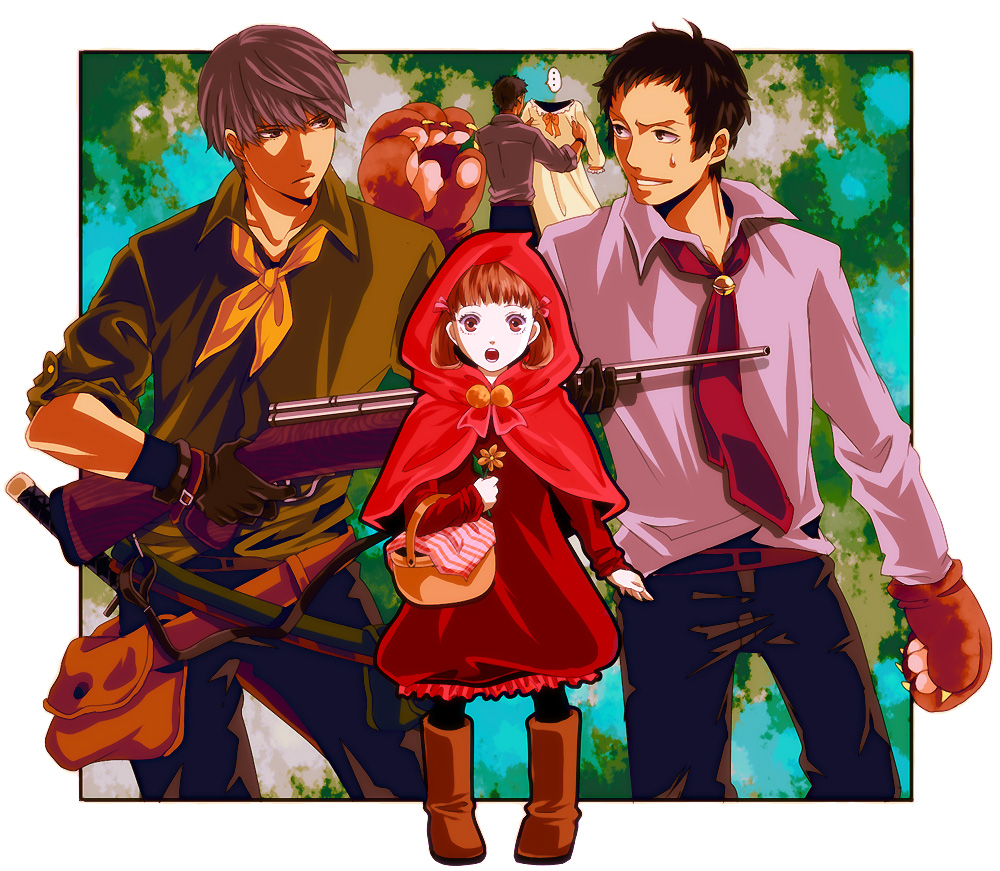 chiru (sanifani), adachi tooru, big bad wolf, doujima nanako, doujima ryoutarou, grandmother (little red riding hood), hunter (little red riding hood), little red riding hood (fairy tale character), narukami yu, atlus, little red riding hood (fairy tale), persona, persona 4, 1girl, 3boys, basket, big bad wolf (cosplay), black hair, boots, brown eyes, brown hair, cape, child, cosplay, dress, flower, gloves, grey hair, gun, hair ribbon, hood, hunter (little red riding hood) (cosplay), little red riding hood (fairy tale character) (cosplay), multiple boys, necktie, open mouth, pantyhose, police, pouch, ribbon, rifle, short hair, short twintails, sweat, twintails, weapon