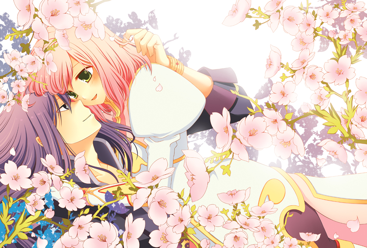 ayamisiro, estellise sidos heurassein, yuri lowell, tales of (series), tales of vesperia, 00s, 1boy, 1girl, black eyes, black hair, bracelet, couple, flower, green eyes, hetero, hug, jewelry, long hair, pink hair, short hair, smile