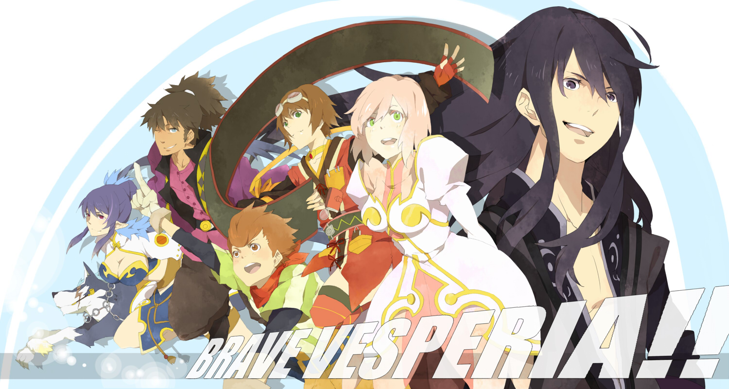 shiramine (srmn09), estellise sidos heurassein, judith (tales), karol capel, raven (tales), repede (tales), rita mordio, yuri lowell, tales of (series), tales of vesperia, md5 mismatch, 00s, 3boys, 3girls, black hair, blue hair, brown hair, dog, gloves, goggles, green eyes, grin, kiseru, long hair, multiple boys, multiple girls, one eye closed, pink hair, ponytail, purple eyes, scarf, short hair, smile, smoking pipe, wink