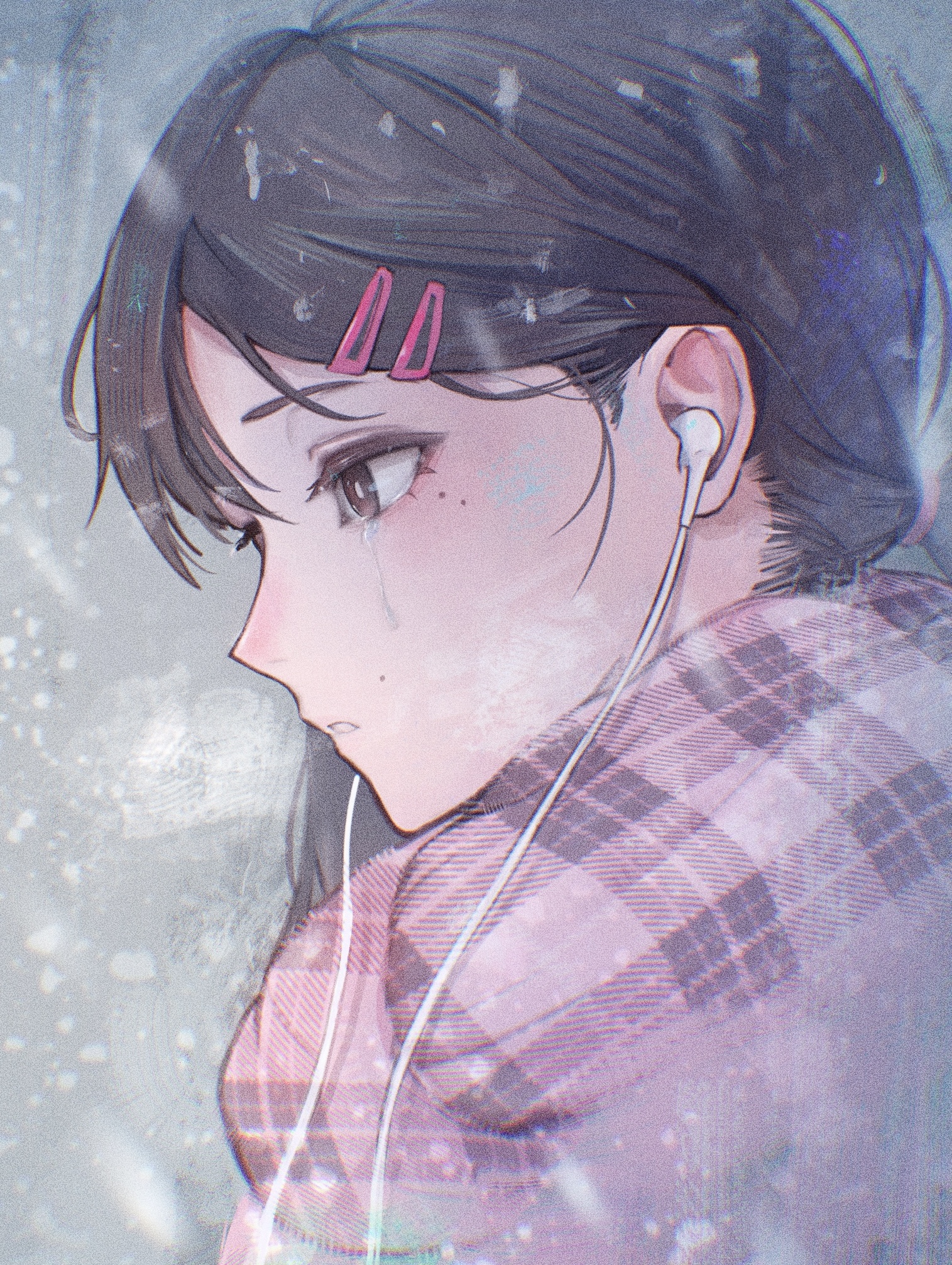 sakuranuts00, higashiyama kobeni, chainsaw man, commentary, highres, 1girl, black hair, bright pupils, earphones, hair ornament, hair tie, hairpin, looking ahead, mole, mole under eye, multiple hairpins, multiple moles, outdoors, pink scarf, plaid clothes, plaid scarf, scarf, snowing, solo, tears, white pupils