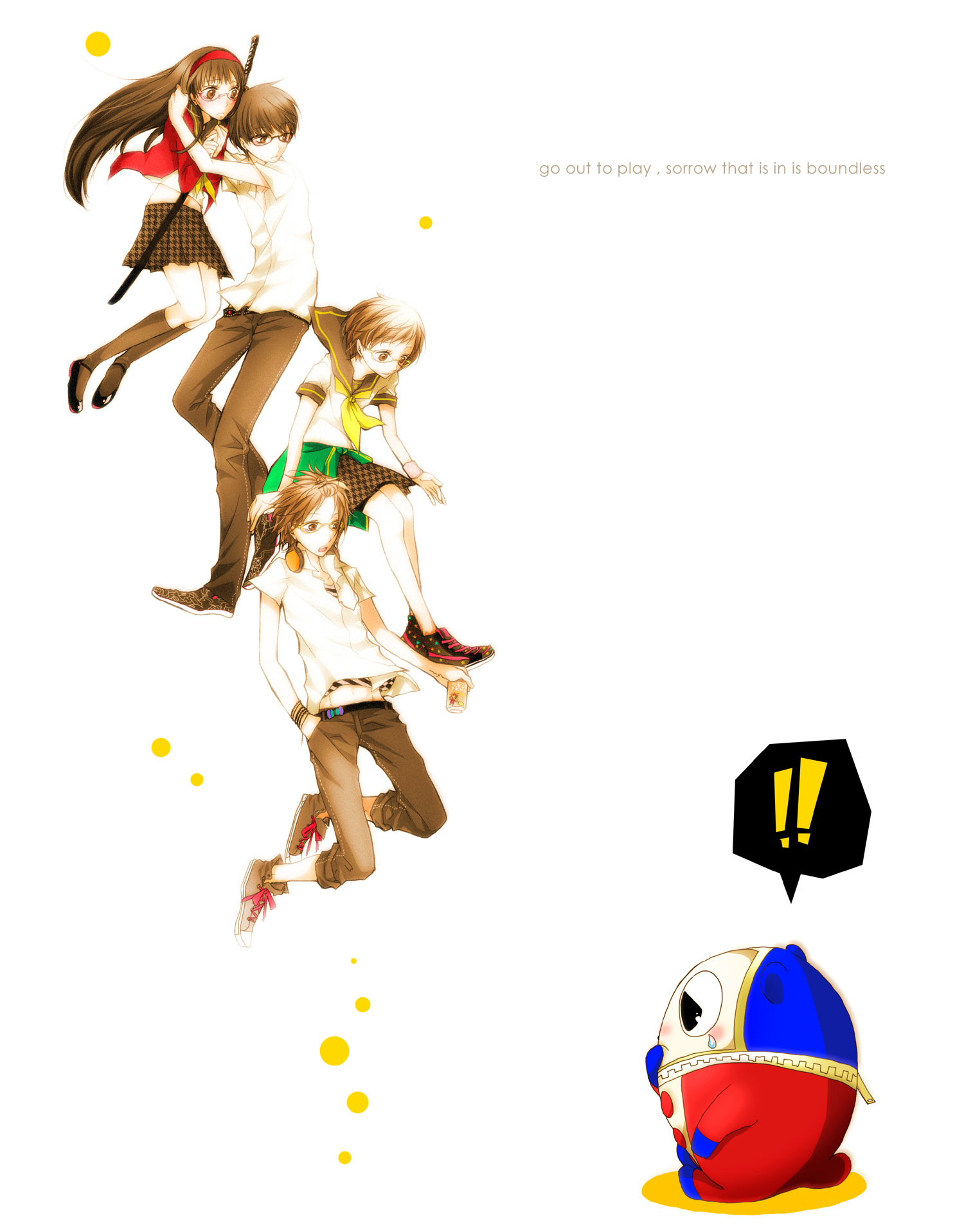 furuya (pixiv), natsuko furuya, amagi yukiko, hanamura yousuke, kuma (persona 4), narukami yu, satonaka chie, atlus, persona, persona 4, highres, !, !!, 2boys, 2girls, bike shorts, black eyes, black hair, blush, brown eyes, brown hair, english text, engrish text, glasses, hairband, headphones, kneehighs, long hair, multiple boys, multiple girls, ranguage, school uniform, serafuku, short hair, skirt, socks, sword, weapon