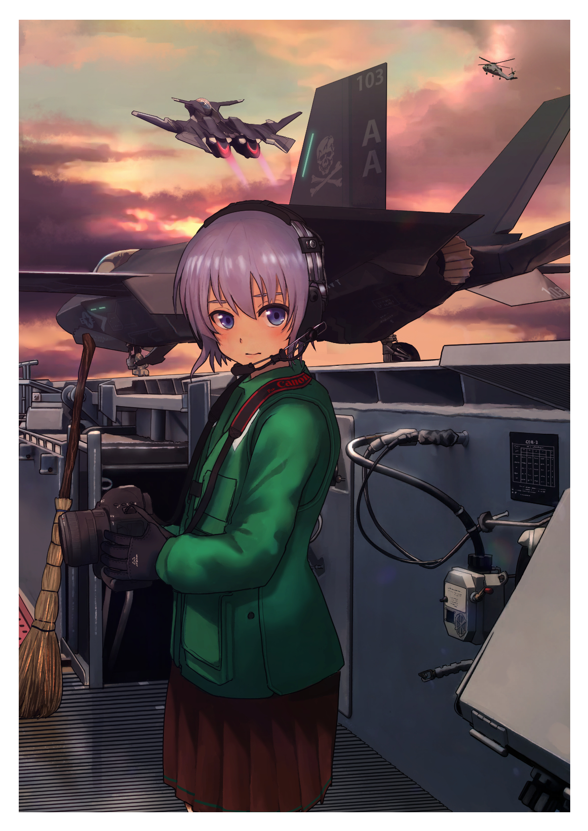 timmyyen, f-35 lightning ii, ffr-41mr, canon (company), original, sentou yousei yukikaze, united states air force, commentary request, highres, vehicle request, 1girl, afterburner, aircraft, aircraft carrier, airplane, black gloves, blue eyes, border, broom, camera, cloud, cloudy sky, fictional aircraft, fighter jet, flying, gloves, green jacket, headset, holding, holding camera, jacket, jolly roger, looking at viewer, military, military vehicle, orange sky, outdoors, purple hair, purple skirt, purple sky, ship, skirt, sky, solo, sunset, takeoff, warship, watercraft, white border