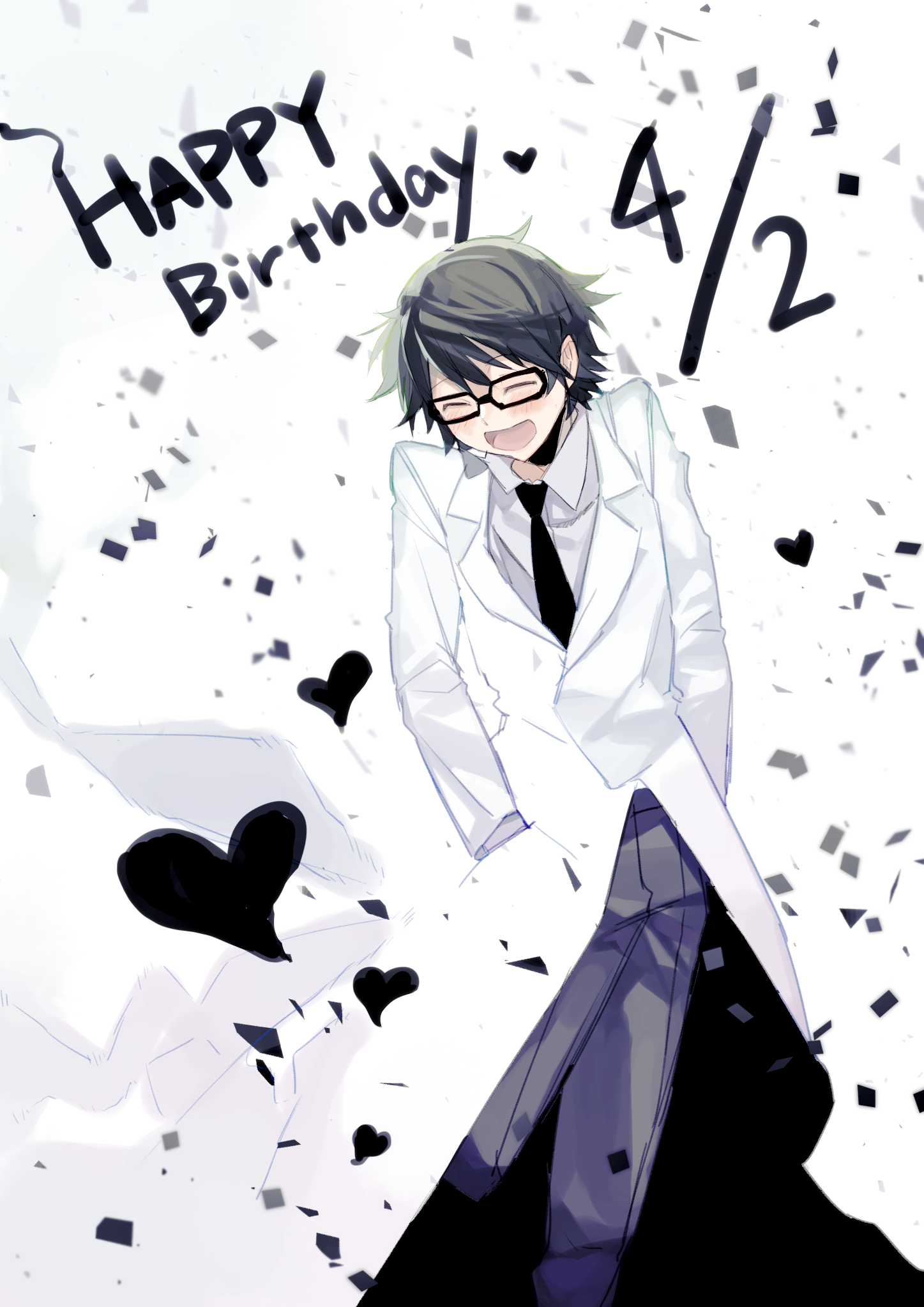 pa yashi, kishitani shinra, durarara!!, commentary request, highres, 1boy, birthday, black hair, black necktie, blush, closed eyes, confetti, doctor, english text, glasses, grey pants, hands in pockets, happy birthday, heart, heart print, jacket, lab coat, long sleeves, looking down, male focus, necktie, open mouth, pants, short hair, simple background, smile, solo, white jacket