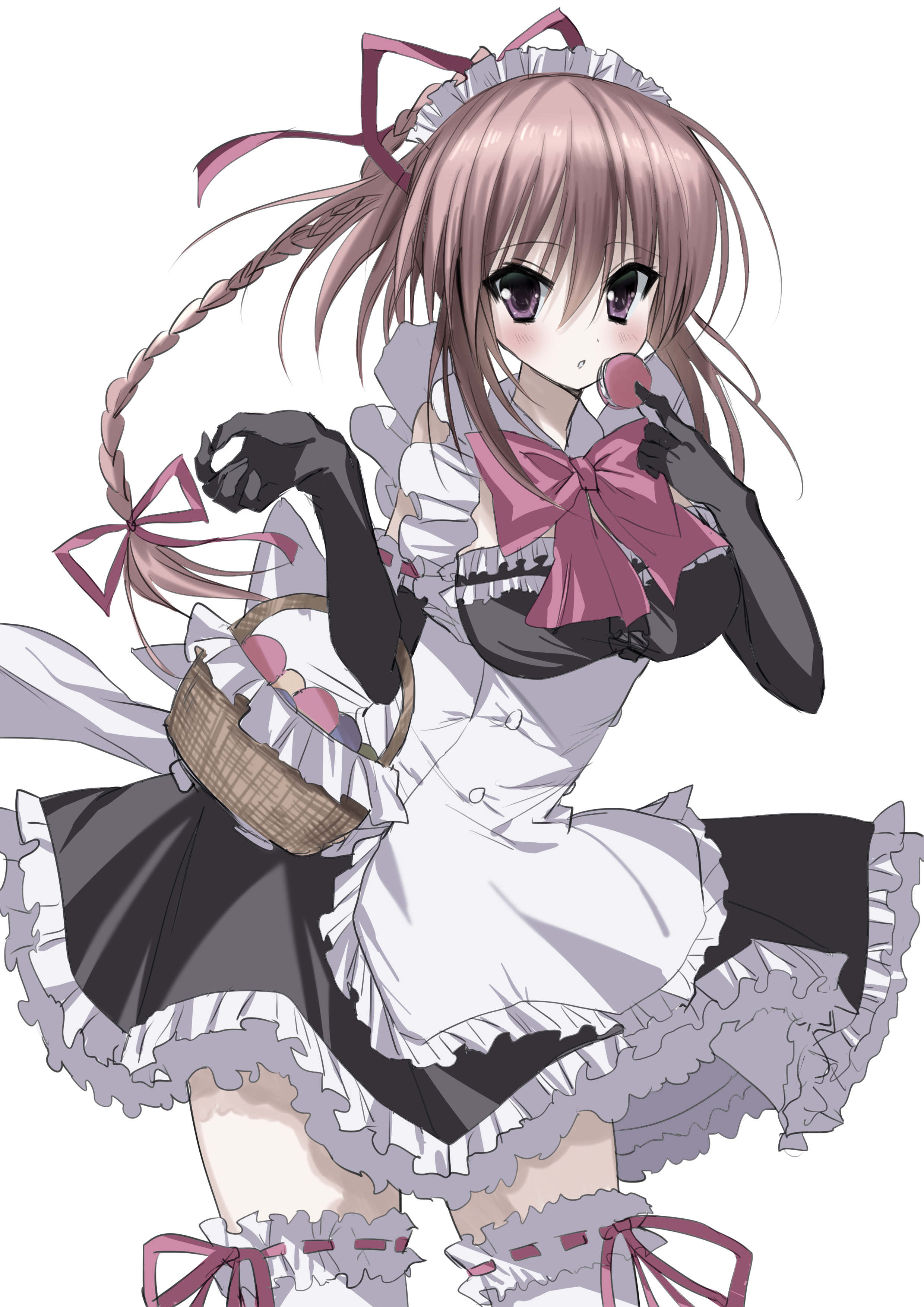 kasukasugom1, kozakai aya, hatsuyuki sakura, absurdres, commentary request, highres, 1girl, alternate costume, apron, basket, black dress, black gloves, blush, bow, bowtie, braid, braided ponytail, cowboy shot, dress, elbow gloves, enmaided, eyes visible through hair, floating hair, food, frilled apron, frilled dress, frilled gloves, frilled thighhighs, frills, gloves, hair between eyes, hair ribbon, hands up, holding, holding basket, holding food, huge bow, long hair, looking at viewer, macaron, maid, maid apron, maid headdress, parted lips, pink bow, pink bowtie, pink hair, pink ribbon, purple eyes, ribbon, ribbon-trimmed gloves, ribbon-trimmed thighhighs, ribbon trim, short dress, sidelocks, simple background, sleeveless, sleeveless dress, solo, thighhighs, white apron, white background, white thighhighs