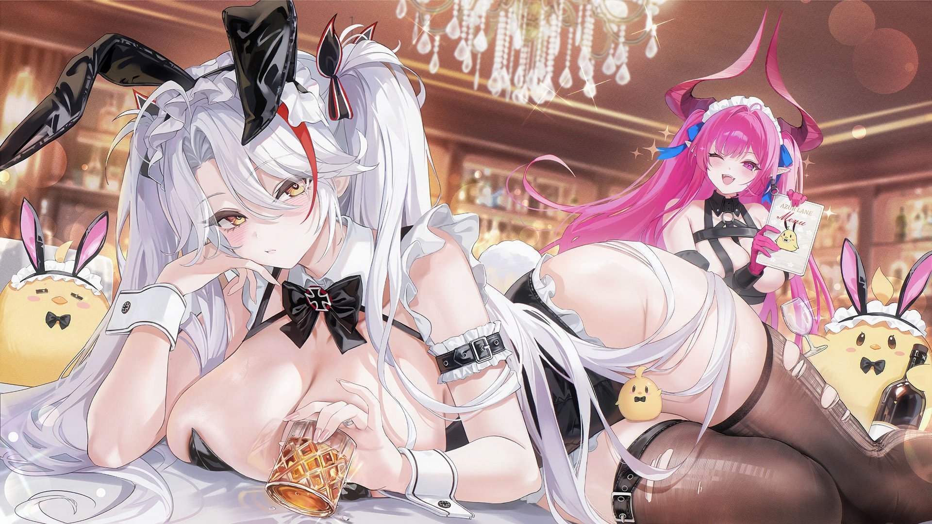 manjuu (azur lane), mecklenburg (azur lane), prinz eugen (azur lane), azur lane, commentary request, highres, official art, third-party source, 2girls, bar (place), black bow, black bowtie, black leotard, black thighhighs, blue ribbon, blush, bow, bowtie, breasts, chandelier, cup, detached collar, fangs, frilled hairband, frills, gloves, hair ribbon, hairband, holding, holding cup, horns, huge breasts, leotard, lying, mecklenburg (branding witchcraft) (azur lane), multicolored hair, multiple girls, official alternate costume, on side, one eye closed, pink eyes, pink gloves, pink hair, pink horns, playboy bunny, pointy ears, prinz eugen (between tipsiness and a wager) (azur lane), red hair, red streaks, ribbon, sparkle, streaked hair, thighhighs, torn clothes, torn thighhighs, two side up, white hair, yellow eyes