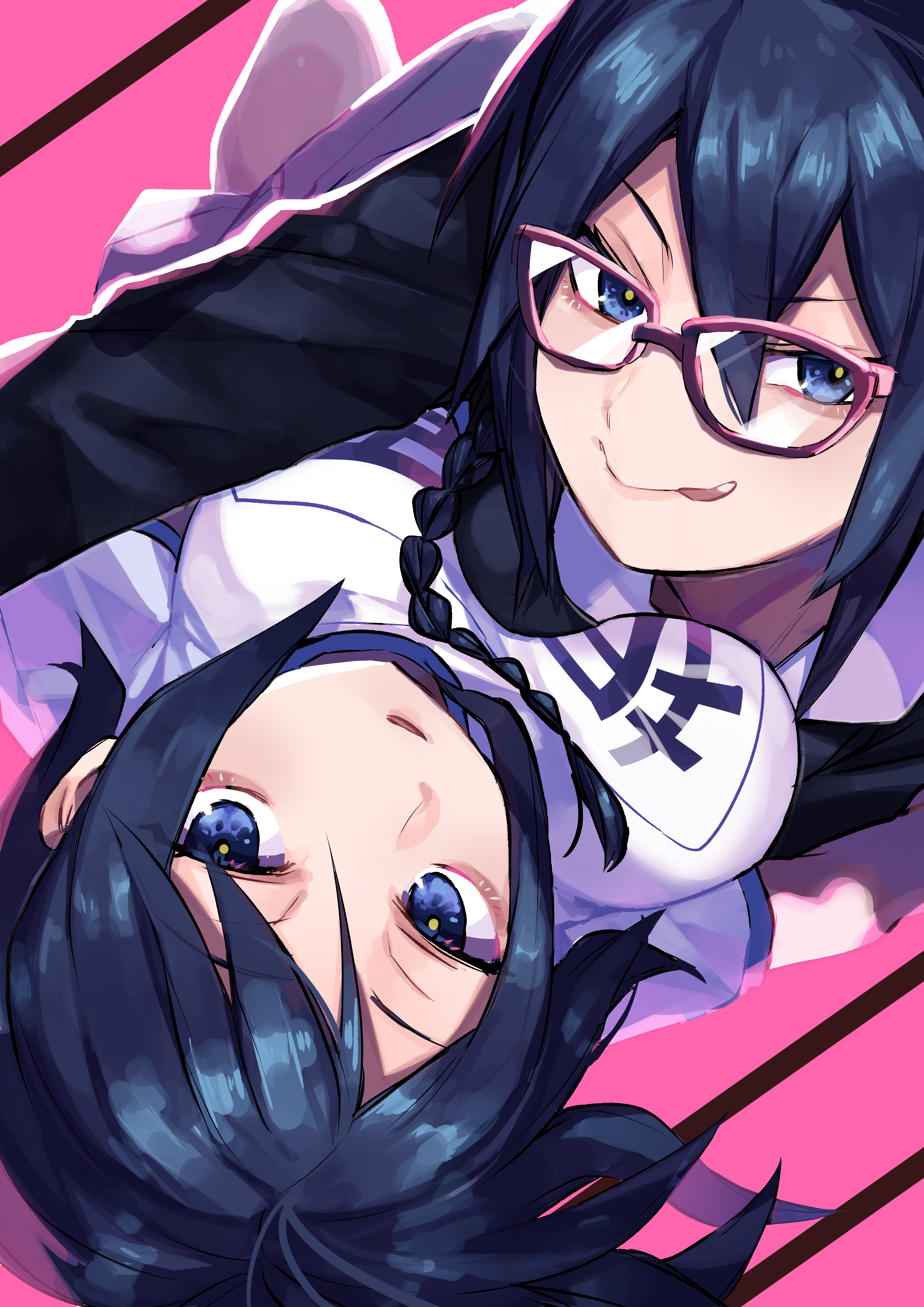 pa yashi, orihara kururi, orihara mairu, durarara!!, absurdres, commentary request, highres, 2girls, :q, asymmetrical docking, black hair, blue eyes, blue hair, braid, breast press, breasts, glasses, gym shirt, gym uniform, hair between eyes, large breasts, licking lips, looking at viewer, lying, medium breasts, multiple girls, parted lips, pink-framed eyewear, pink background, shirt, short hair, short sleeves, siblings, single braid, sisters, skirt, smile, tongue, tongue out, twins, v-shaped eyebrows, white shirt