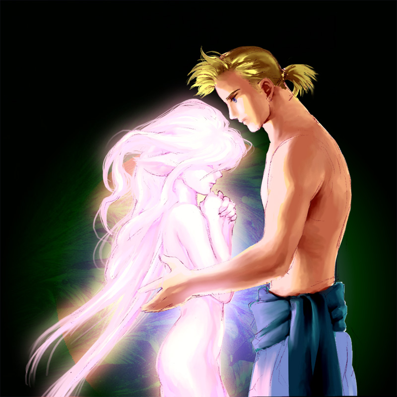 yuccoshi, sabin rene figaro, tina branford, trance terra branford, final fantasy, final fantasy vi, commentary request, 1boy, 1girl, blonde hair, blue eyes, closed eyes, closed mouth, colored skin, cowboy shot, long hair, medium hair, own hands together, pants, pink hair, pink skin, pointy ears, ponytail, profile, standing, topless male, very long hair, white pants