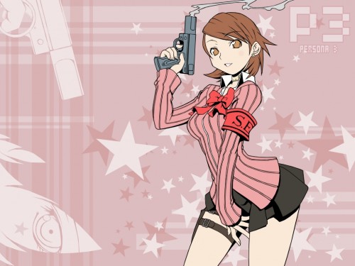 takeba yukari, atlus, persona, persona 3, lowres, evoker, gun, handgun, miniskirt, pistol, skirt, weapon