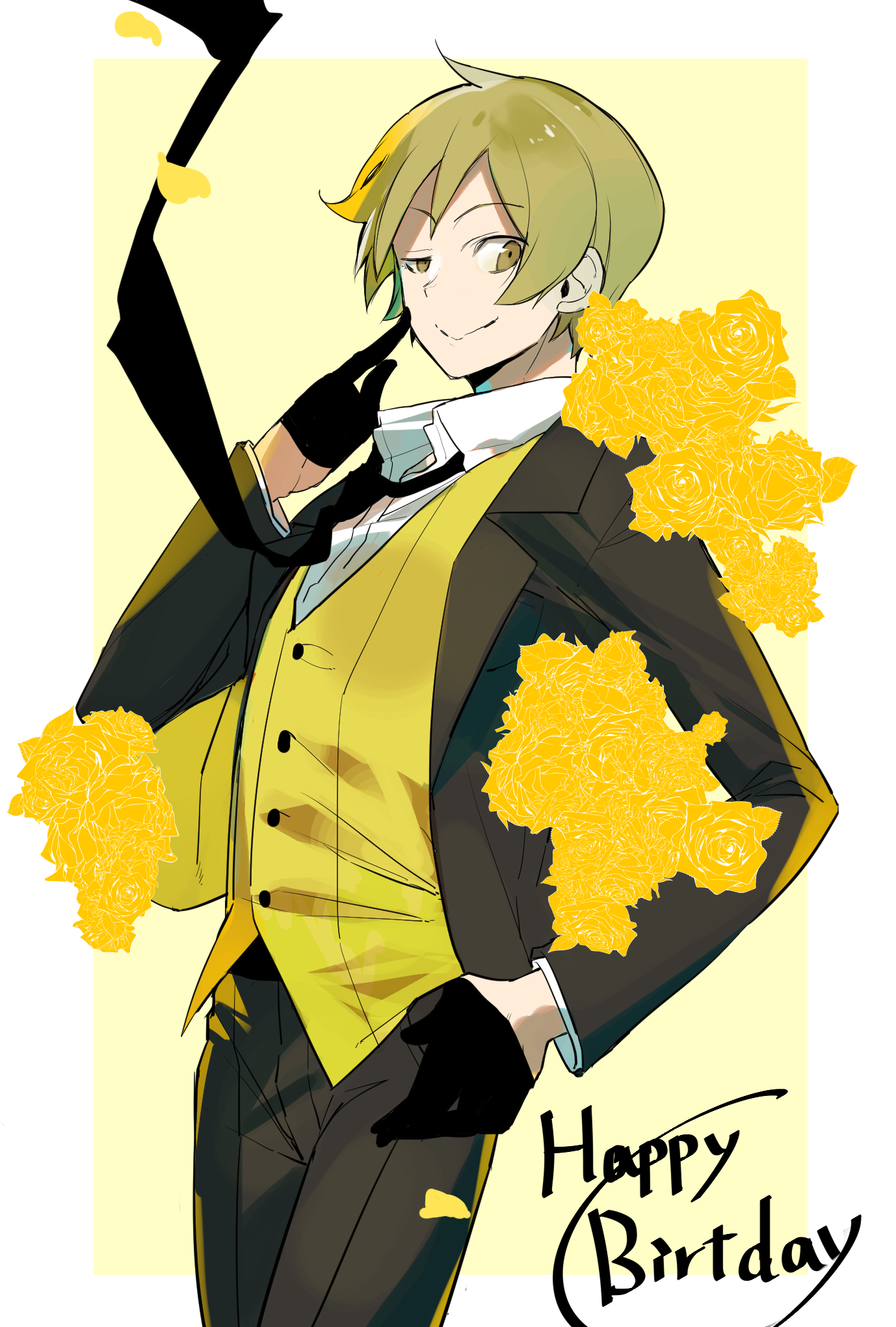 pa yashi, kida masaomi, durarara!!, commentary request, highres, 1boy, black gloves, black jacket, black necktie, black pants, blonde hair, bouquet, closed mouth, collared shirt, cowboy shot, finger to cheek, flower, gloves, half gloves, hand on own hip, happy birthday, jacket, long sleeves, looking at viewer, male focus, necktie, pants, petals, rose, shirt, short hair, smile, solo, uneven eyes, vest, white shirt, yellow background, yellow eyes, yellow flower, yellow rose, yellow theme, yellow vest