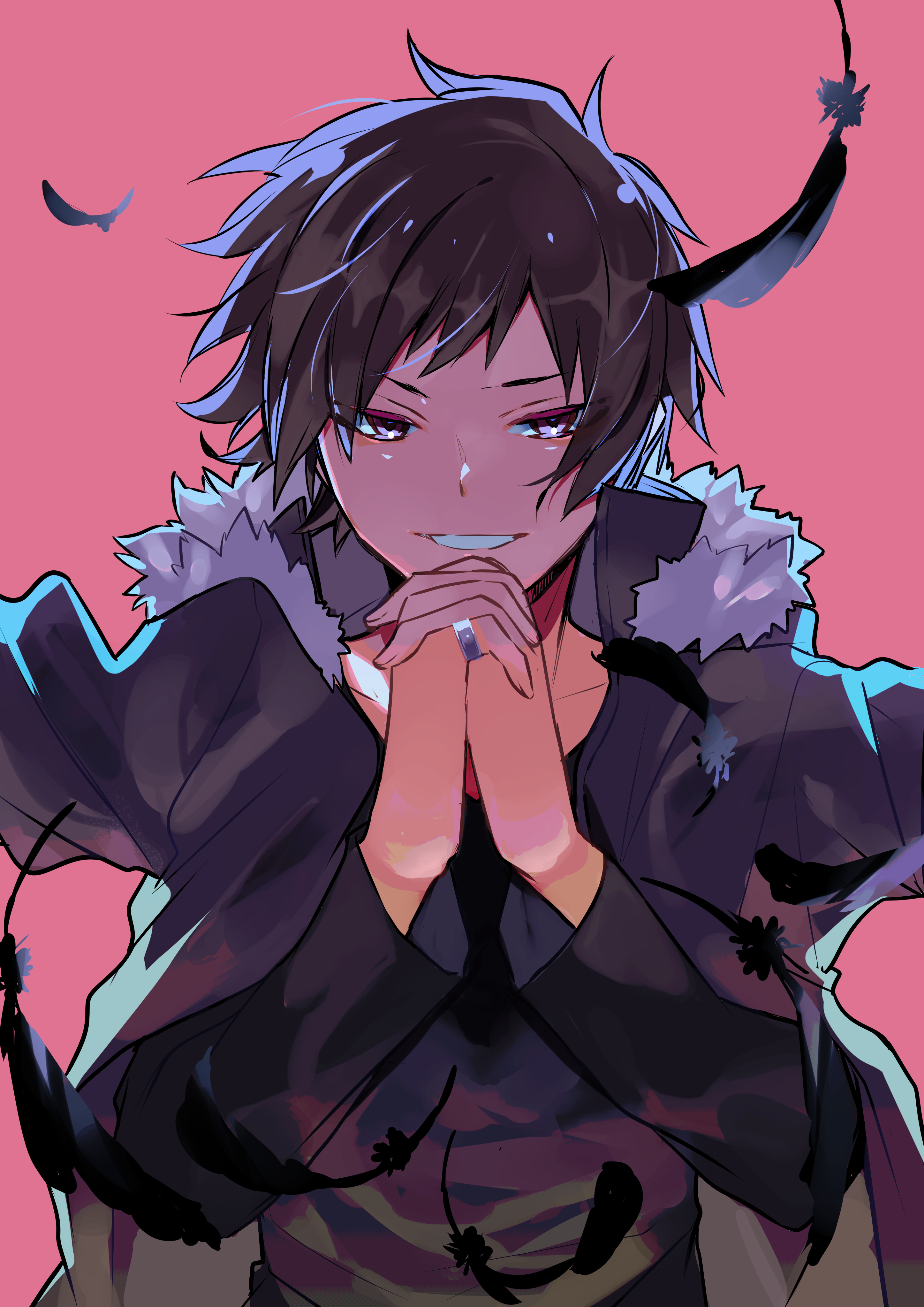 pa yashi, orihara izaya, durarara!!, absurdres, commentary request, highres, 1boy, black feathers, black jacket, black shirt, brown hair, falling feathers, feathers, fur-trimmed jacket, fur trim, grin, hands up, interlocked fingers, jacket, jacket on shoulders, jewelry, long sleeves, looking at viewer, male focus, open clothes, open jacket, own hands clasped, own hands together, pink background, ring, shirt, short hair, simple background, smile, solo, upper body