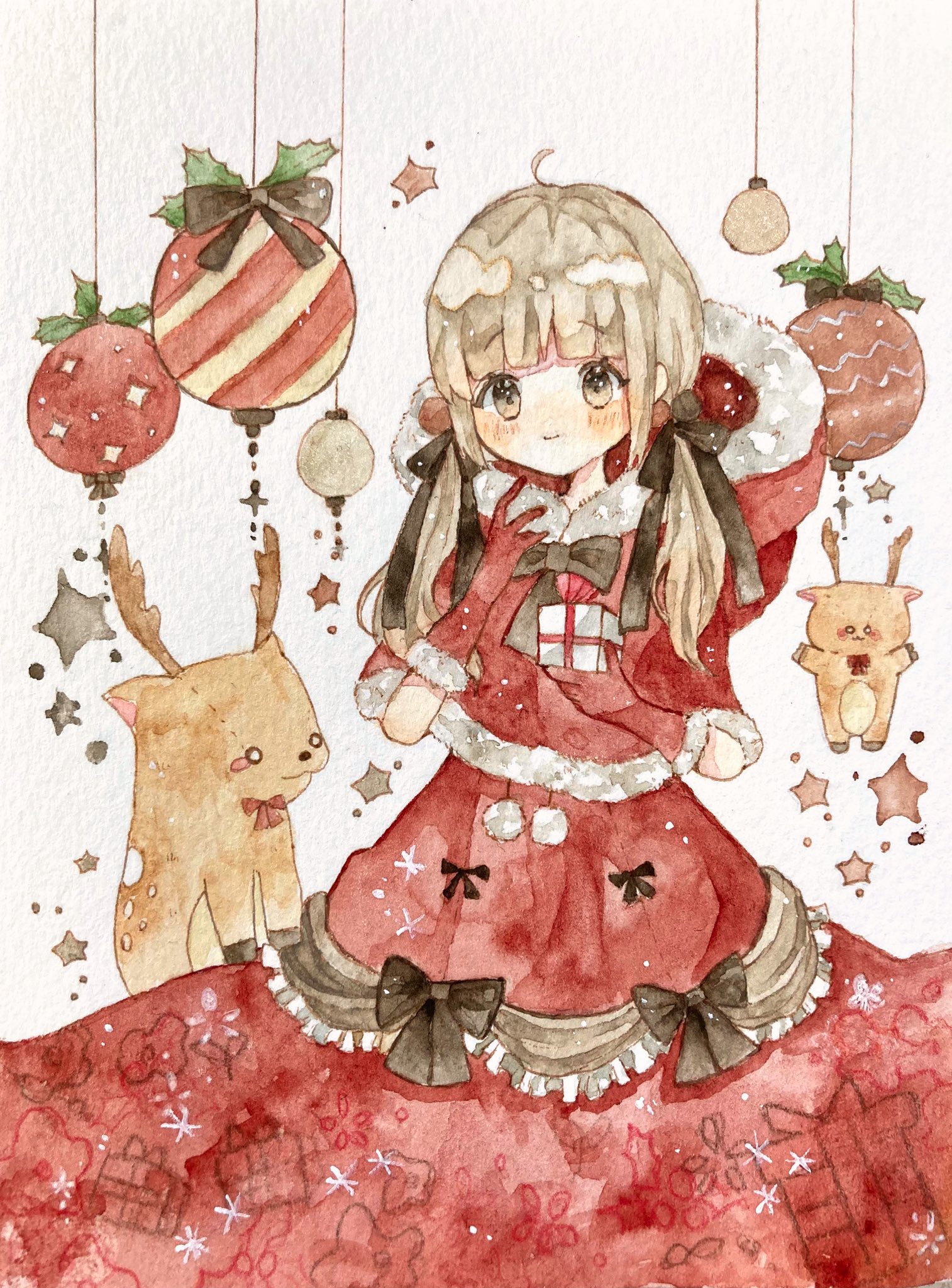 aoyagi874, original, commentary request, highres, painting (medium), traditional media, watercolor (medium), 1girl, ahoge, blush, bow, box, brown eyes, brown hair, christmas, cowboy shot, dress, frills, fur-trimmed dress, fur trim, gift, gift box, gloves, hair ribbon, hand on own chest, hand up, holding, holding gift, holly, hood, long hair, looking at viewer, muted color, red dress, red gloves, reindeer, ribbon, santa costume, simple background, sitting, smile, solo, stuffed animal, stuffed toy, twintails