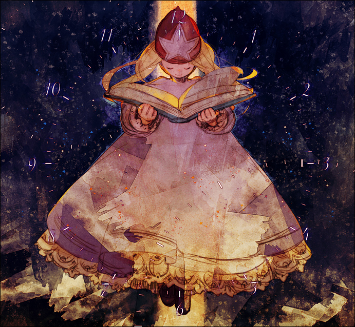 21grams, time mage, time mage (fft), final fantasy, final fantasy tactics, bad id, bad pixiv id, 1girl, blonde hair, book, closed eyes, dress, female focus, full body, hat, long hair, robe, smile, solo