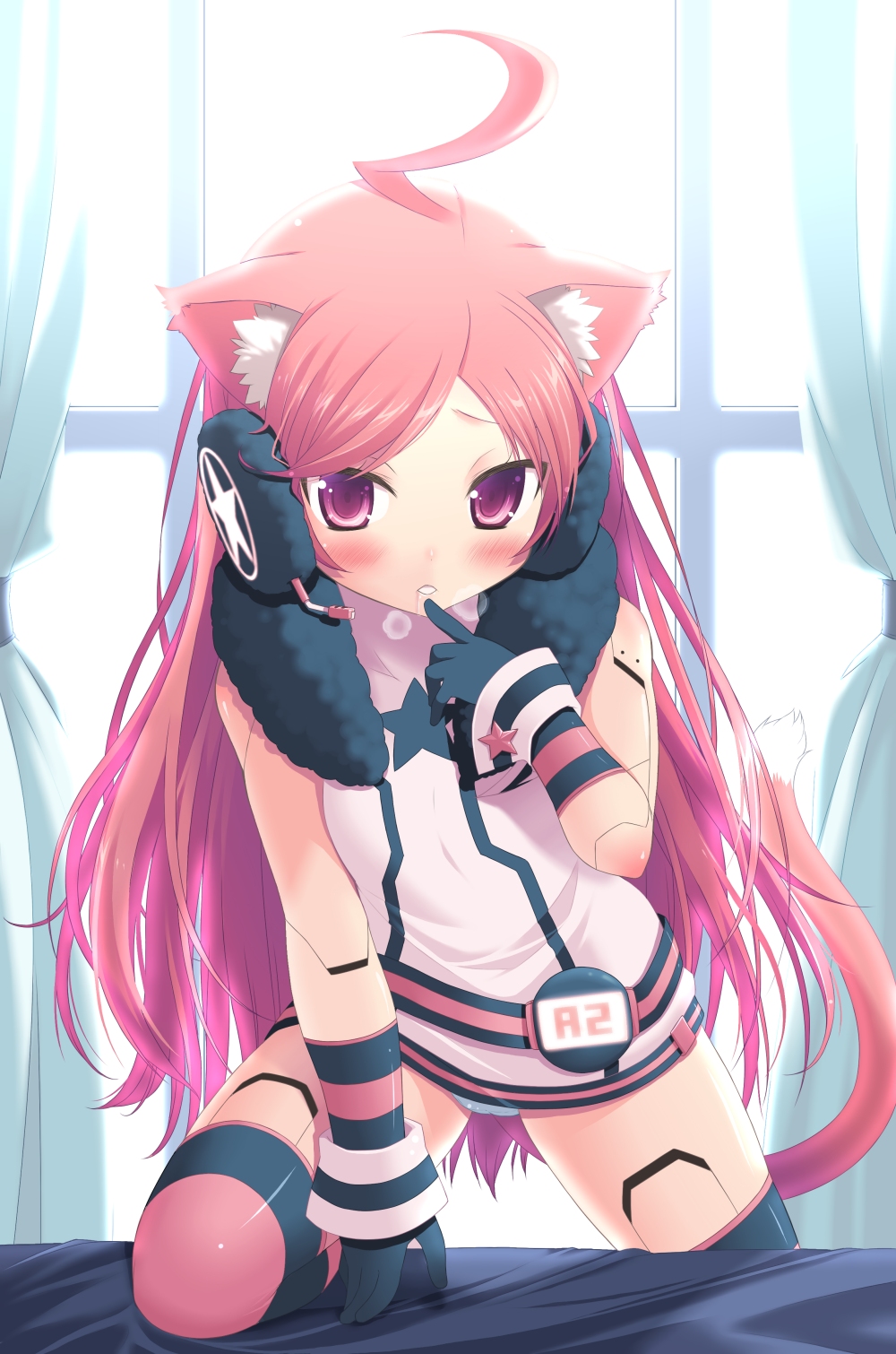 amamiya minato, sf-a2 miki, vocaloid, bad id, bad pixiv id, highres, 1girl, ahoge, android, animal ears, belt, blush, boots, cat ears, cat tail, dress, female focus, finger to mouth, gloves, headphones, joints, kneehighs, long hair, panties, pink eyes, pink hair, purple eyes, red eyes, robot joints, short dress, socks, solo, star (symbol), striped clothes, striped gloves, striped socks, tail, underwear, upskirt, wrist cuffs