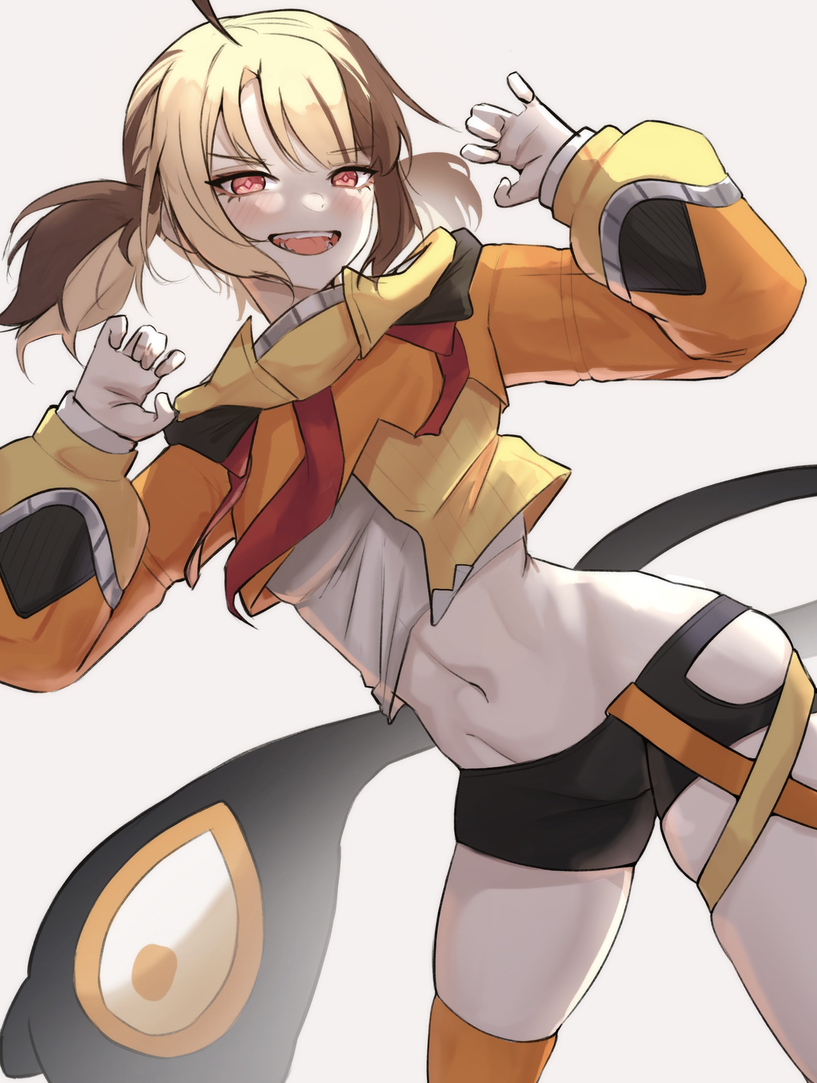 nurizza ilst, gigi murin, gigi murin (1st costume), hololive, hololive english, absurdres, commentary, english commentary, highres, 1girl, ahoge, blonde hair, breasts, brown hair, claw pose, clothing cutout, hood, hoodie, looking at viewer, midriff, multicolored hair, navel, open mouth, orange hood, orange hoodie, pink eyes, shirt, short hair, shorts, simple background, small breasts, smile, solo, tail, thigh cutout, thighs, twintails, two-tone hair, virtual youtuber, white background