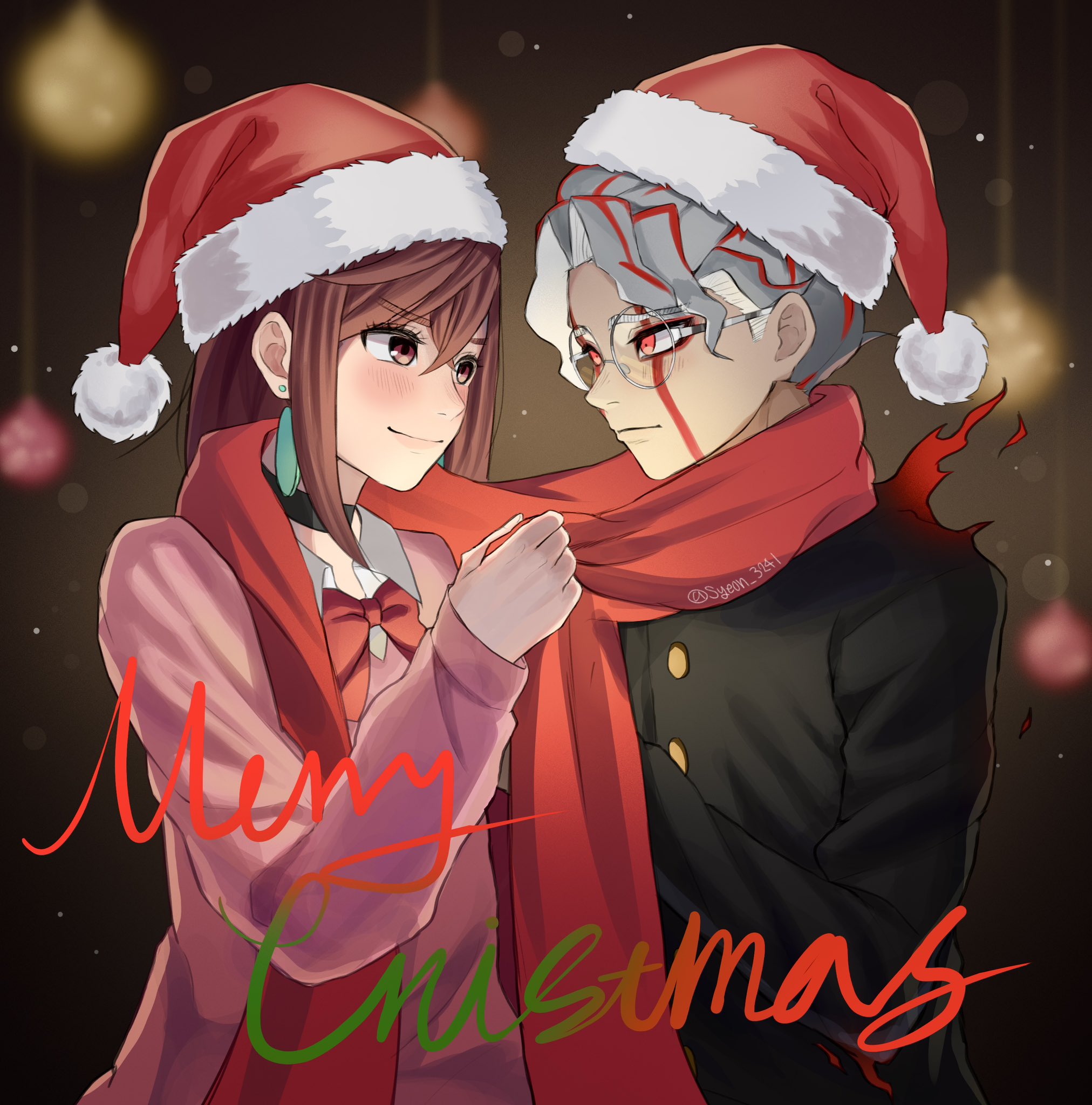 syeon 3241, ayase momo, takakura ken (dandadan), takakura ken (transformed) (dandadan), dandadan, commentary request, highres, korean commentary, 1boy, 1girl, black choker, black jacket, blurry, blurry background, blush, bow, bowtie, brown hair, choker, christmas, christmas ornaments, closed mouth, earrings, eye contact, facial mark, fur-trimmed headwear, fur trim, gakuran, glasses, hair between eyes, hat, jacket, jewelry, long sleeves, looking at another, merry christmas, pink sweater, pom pom (clothes), red bow, red bowtie, red eyes, red hair, red hat, red scarf, round eyewear, santa hat, scarf, school uniform, shared clothes, shared scarf, shirt, shirt under sweater, short hair, smile, sweater, transformation, upper body, white hair, white shirt
