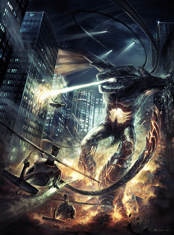 meshuggah52, uh-60 blackhawk, original, aerial battle, aircraft, battle, city, cityscape, collateral damage, colossus, destruction, epic, helicopter, kaiju, laser, monster, new york city, night, no humans, searchlight, spotlight