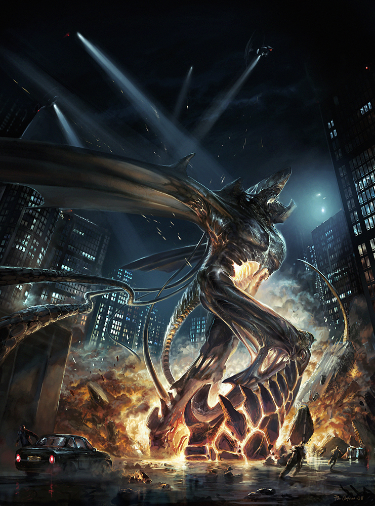 meshuggah52, original, 4boys, aircraft, building, car, city, cityscape, collateral damage, colossus, destruction, epic, explosion, fire, firing, helicopter, helicopters, high rises, kaiju, male focus, monster, motor vehicle, multiple boys, new york city, night, running, searchlight, spotlight, tail, united states, wings