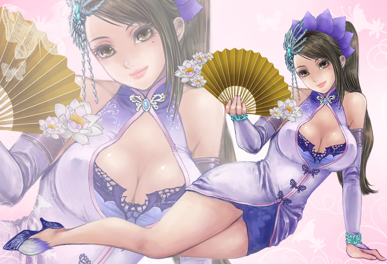 mulupiyo, zhenji (shin sangoku musou), shin sangoku musou, bad id, bad pixiv id, 1girl, arm support, bare shoulders, black hair, breasts, bridal gauntlets, chinese clothes, cleavage, female focus, folding fan, halterneck, hand fan, high heels, holding, holding fan, large breasts, legs, lips, lying, mole, on side, shoes, solo, zoom layer
