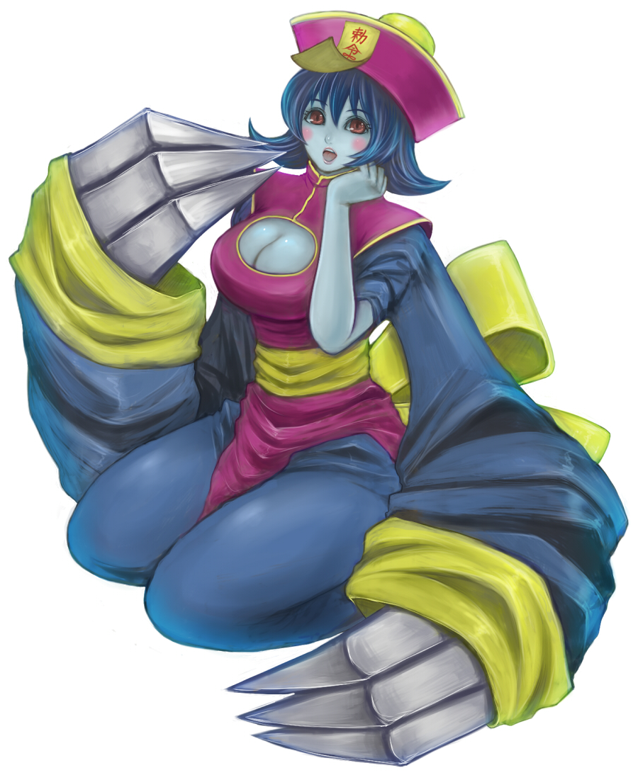 mulupiyo, hsien-ko, capcom, darkstalkers, bad id, bad pixiv id, 1girl, blue hair, blue skin, blush stickers, brown eyes, colored skin, female focus, flipped hair, jiangshi, kneeling, open mouth, solo