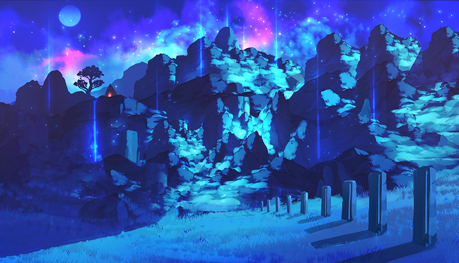 apokarihardcore, original, commentary request, fantasy, full moon, grass, moon, night, no humans, outdoors, scenery, sky, star (sky), starry sky, tent, tree