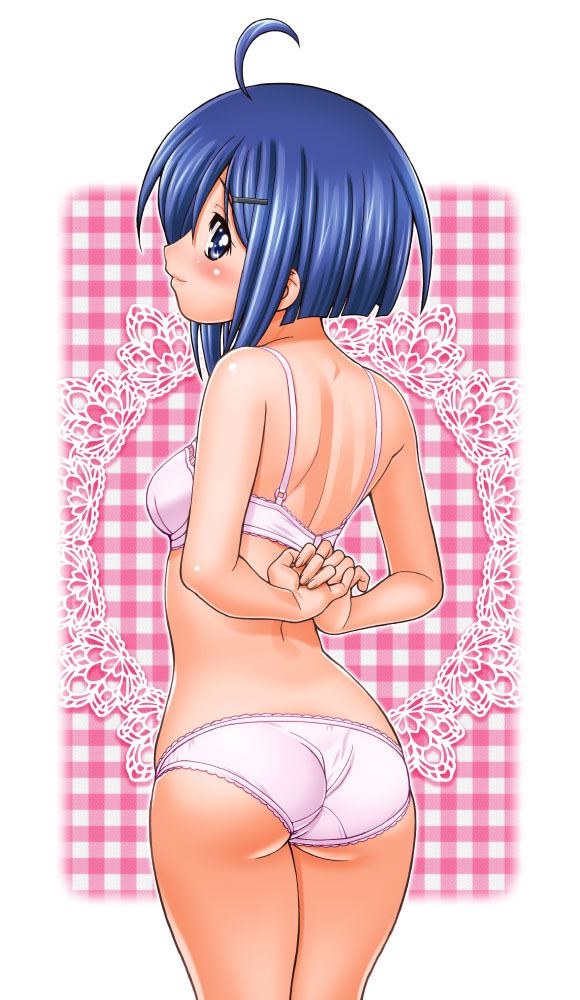 gambler club, kohsaka jun, miyazaki nodoka, mahou sensei negima!, 00s, 1girl, adjusting bra, adjusting clothes, ahoge, ass, back, blue eyes, blue hair, blush, bra, cowboy shot, female focus, hair ornament, hairclip, lingerie, looking back, matching hair/eyes, panties, petite, removing bra, short hair, solo, underwear, underwear only, undressing, wedgie