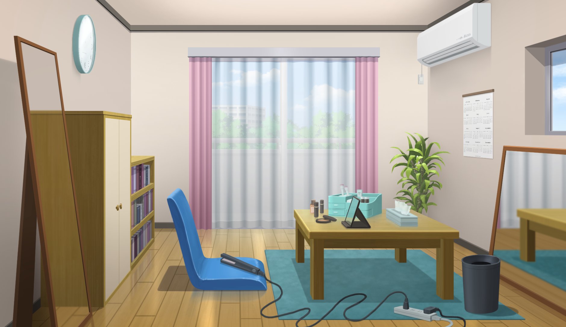 yu02257951, original, commentary, english commentary, highres, balcony, bookshelf, calligraphy brush, electrical outlet, full-length mirror, hair dryer, indoors, makeup, mirror, no humans, paintbrush, pelvic curtain, scenery, table, window, wooden floor