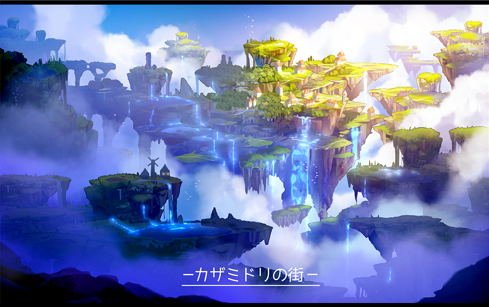 apokarihardcore, original, commentary request, translation request, blue sky, cloud, day, fantasy, house, letterboxed, no humans, outdoors, scenery, sky, tree, water, waterfall, windmill