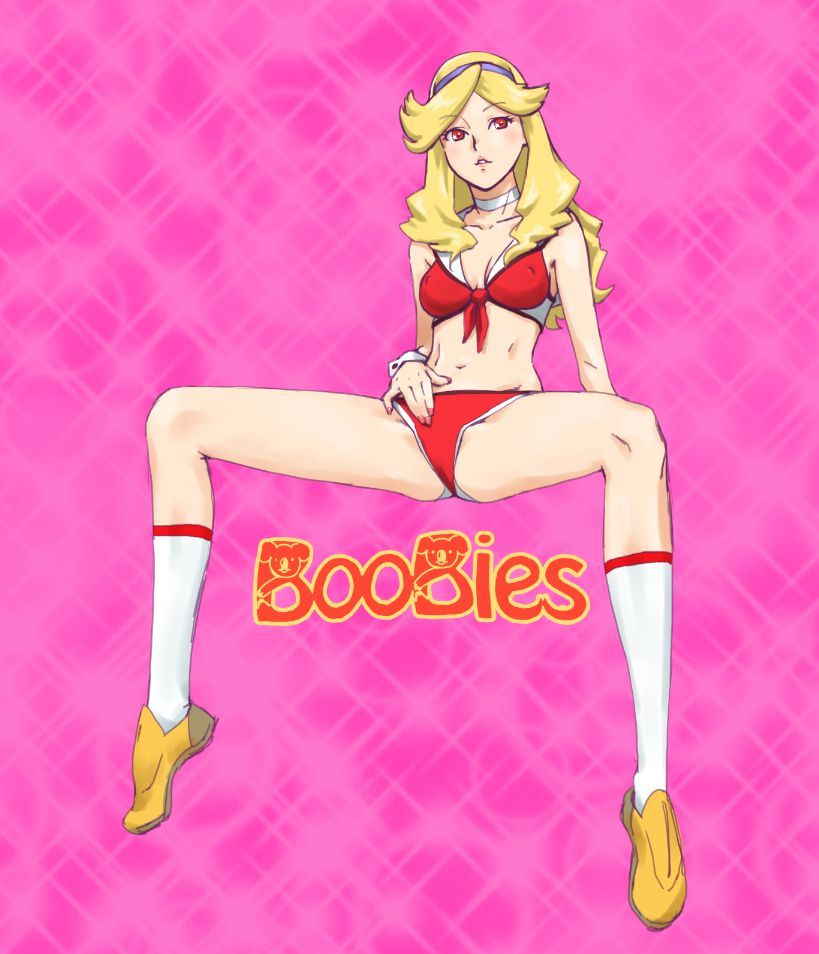 kaburagi yuki, honey (space dandy), space dandy, commentary request, 1girl, blonde hair, breasts, choker, collarbone, full body, hairband, lips, long hair, looking at viewer, navel, red eyes, solo, white choker, wrist cuffs