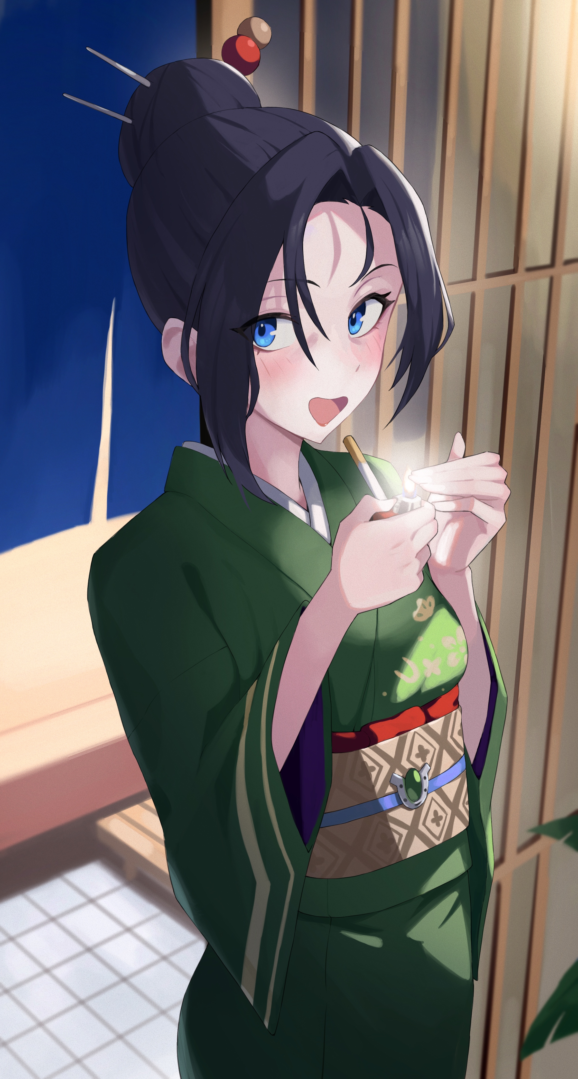 hitempo, umamusume, absurdres, commentary request, highres, 1girl, architecture, black hair, blue eyes, blush, cigarette, cupping hand, dango hair ornament, east asian architecture, fire, food-themed hair ornament, green kimono, hair bun, hair intakes, hair ornament, hair stick, hands up, holding, holding lighter, horseshoe ornament, hoshina kiyoko (umamusume), japanese clothes, kimono, leaf, lighter, lighting cigarette, looking at viewer, noren, obi, open mouth, red lips, sash, solo, surprised, tile floor, tiles