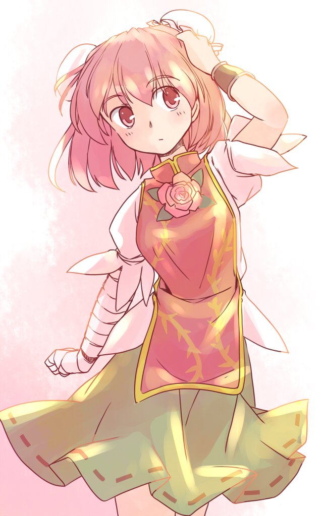 rangycrow, ibaraki kasen, touhou, commentary request, 1girl, :/, bandaged arm, bandages, blush, double bun, feet out of frame, flower on chest, green skirt, hair bun, hand in own hair, medium hair, one-hour drawing challenge, pink background, pink hair, puffy short sleeves, puffy sleeves, red eyes, red tabard, short sleeves, sideways glance, skirt, solo, tabard