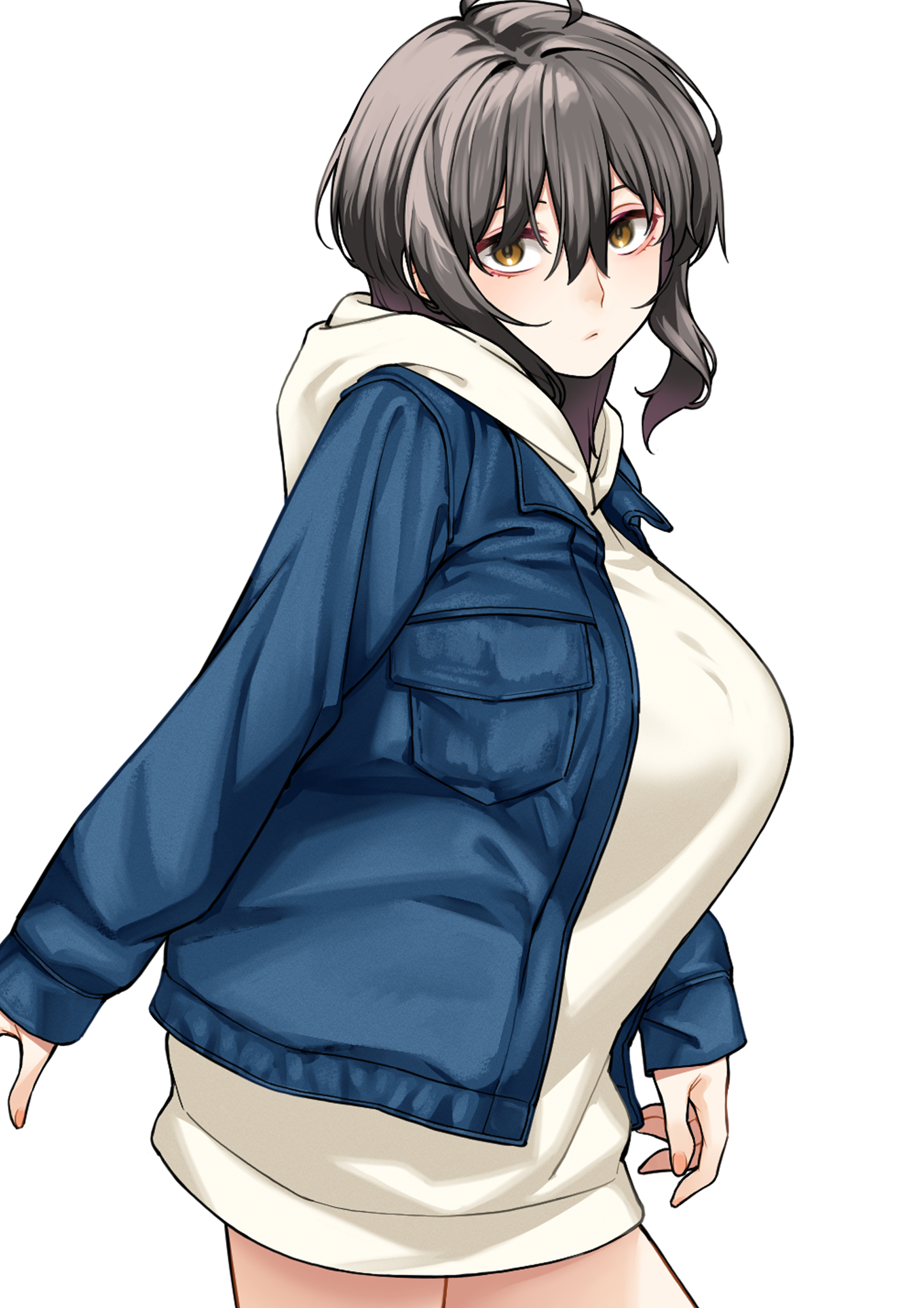 hatakenaka (kamagabuchi), original, commentary request, highres, 1girl, breasts, brown hair, hood, hood down, hoodie, huge breasts, looking at viewer, short hair, simple background, solo, white background, yellow eyes