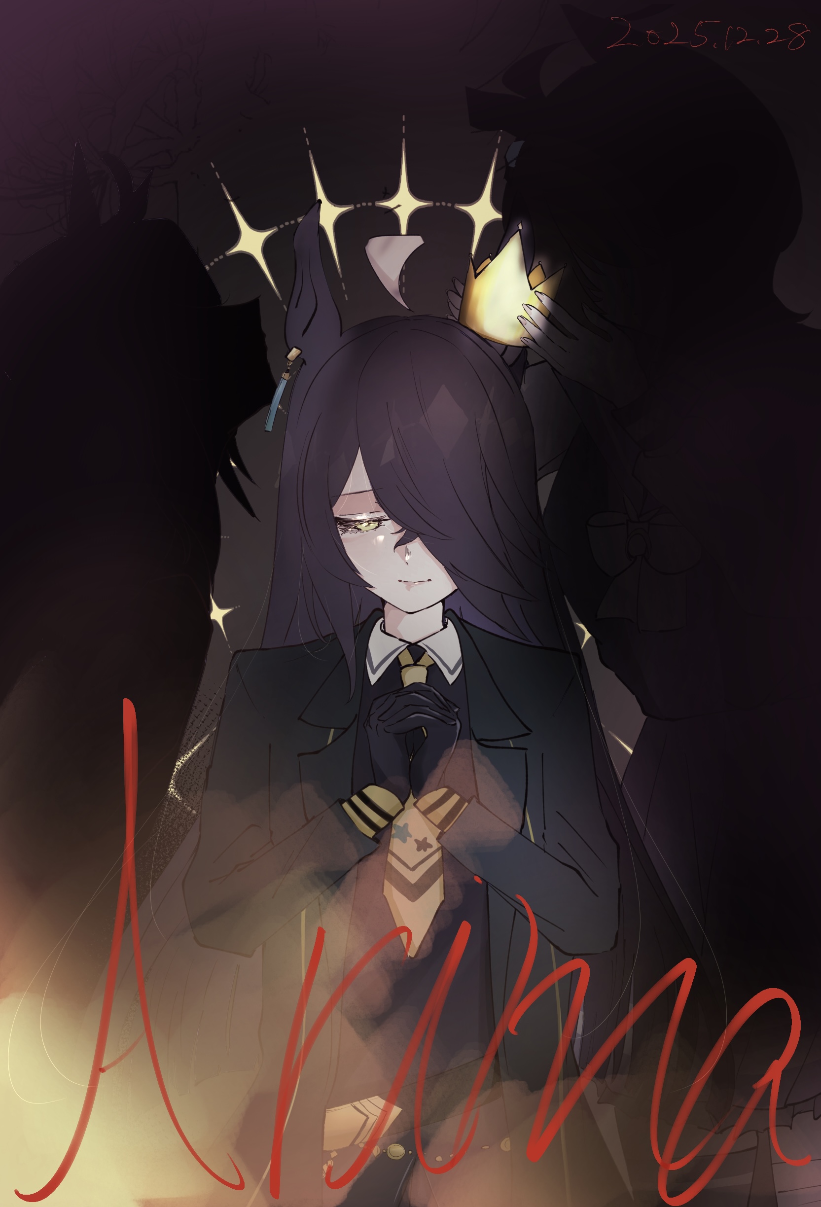 agnes tachyon (umamusume), manhattan cafe (creeping shadow) (umamusume), manhattan cafe (umamusume), umamusume, absurdres, commentary request, highres, variant set, 3girls, ahoge, animal ears, black coat, black gloves, black hair, black vest, closed eyes, closed mouth, coat, collared shirt, crown, dated, ear ornament, ear tag, earrings, gloves, hair over one eye, hem peeking out, horse ears, horse girl, jewelry, long bangs, long hair, long sleeves, mima777, mini crown, multicolored hair, multiple girls, necktie, open clothes, open coat, own hands clasped, own hands together, shirt, single earring, smile, solo, very long hair, vest, white hair, white shirt, yellow necktie