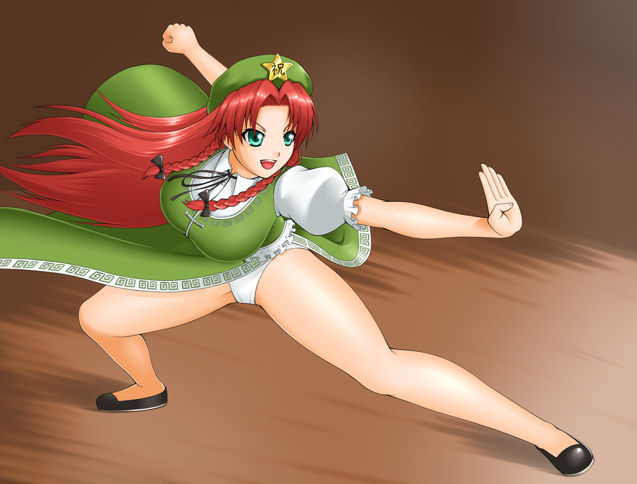 genjuu rou, hong meiling, immaterial and missing power, touhou, 1girl, beret, breasts, female focus, flats, hat, huge breasts, long hair, long legs, panties, red hair, sandals, solo, underwear, very long hair, white panties
