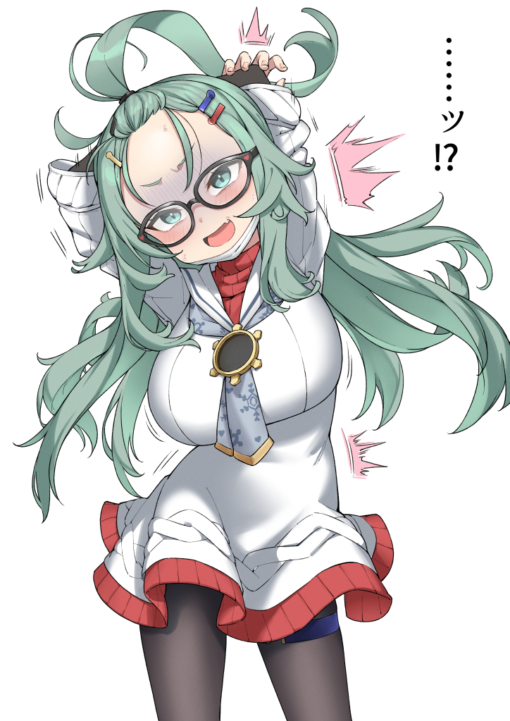 hatakenaka (kamagabuchi), meru (blue archive), blue archive, hashtag-only commentary, 1girl, arms up, bangs pinned back, black-framed eyewear, black pantyhose, blush, breasts, forehead, green eyes, green hair, large breasts, long hair, open mouth, pantyhose, school uniform, simple background, solo, white background