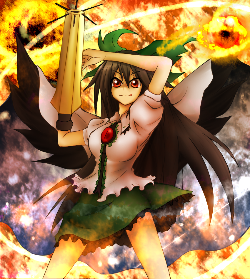 nosada, reiuji utsuho, touhou, bad id, bad pixiv id, 1girl, arm cannon, black hair, bow, female focus, hair bow, licking lips, long hair, red eyes, skirt, solo, tongue, tongue out, weapon, wings